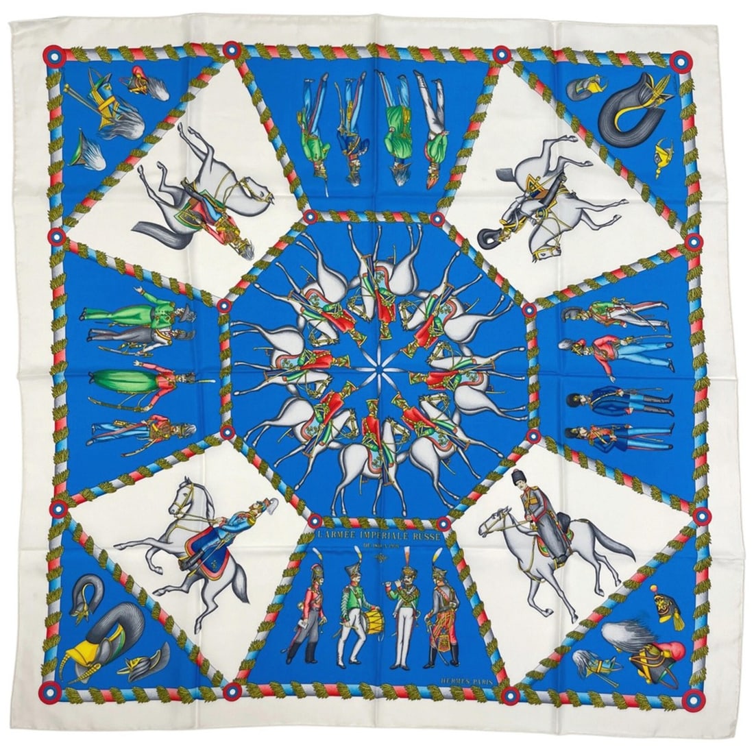 Hermes Carre 90 L’ARMEE IMPERIALE RUSSE Russian Military Museum Scarf/Muffler, Silk, Blue: --- Catalog ---Category: SizeSize (LxW): 91cm x 90.5cm / 35.82'' x 35.62''Category: DesignType: ScarfColor: Blue, Multi-colorGender: WomenMaterial: Silk 100%Category: GeneralBrand: HermesCountry of Or