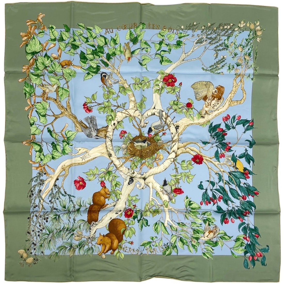 Hermes Carre 90 AU COEUR DES BOIS (In the Forest) Scarf/Muffler, Silk, Green, Multicolor, Women's: --- Catalog ---Category: SizeSize (LxW): 88cm x 88cm / 34.64'' x 34.64''Category: DesignType: ScarfColor: Green, Multi-colorGender: WomenMaterial: Silk 100%Category: GeneralBrand: Hermes--- Item List 