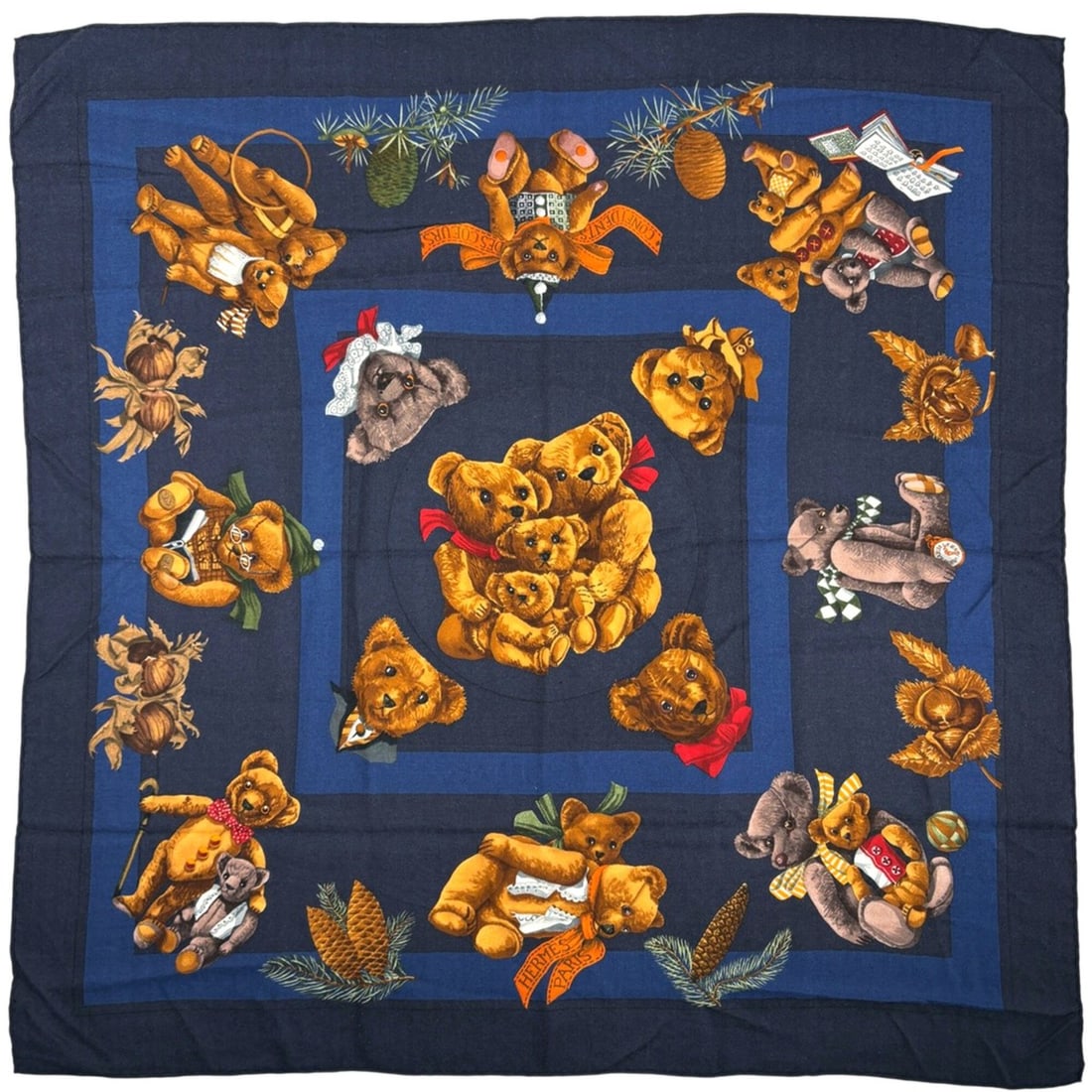 Hermes Carre 90 CONFIDENTS DES COEURS (Confidents of the Heart) Teddy Bear Scarf/Muffler,: --- Catalog ---Category: SizeSize (LxW): 88cm x 90cm / 34.64'' x 35.43''Category: DesignType: ScarfColor: Multi-color, NavyGender: WomenMaterial: Cashmere 65%, Silk 35%Category: GeneralBrand: Hermes--