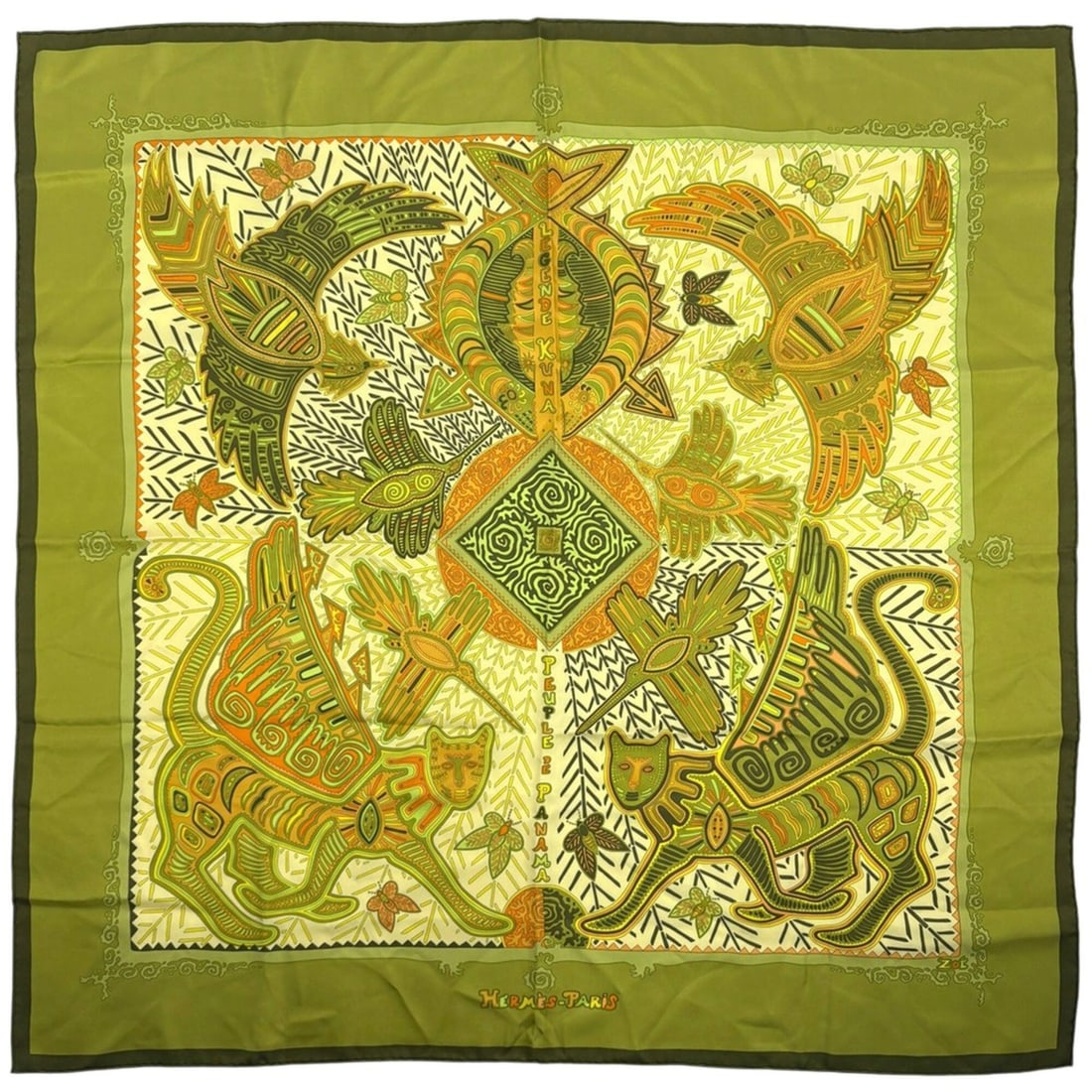 Hermes Carre 90 Legende Kuna - A silk scarf/muffler featuring the legend of people Panama, in green (1 of 11)