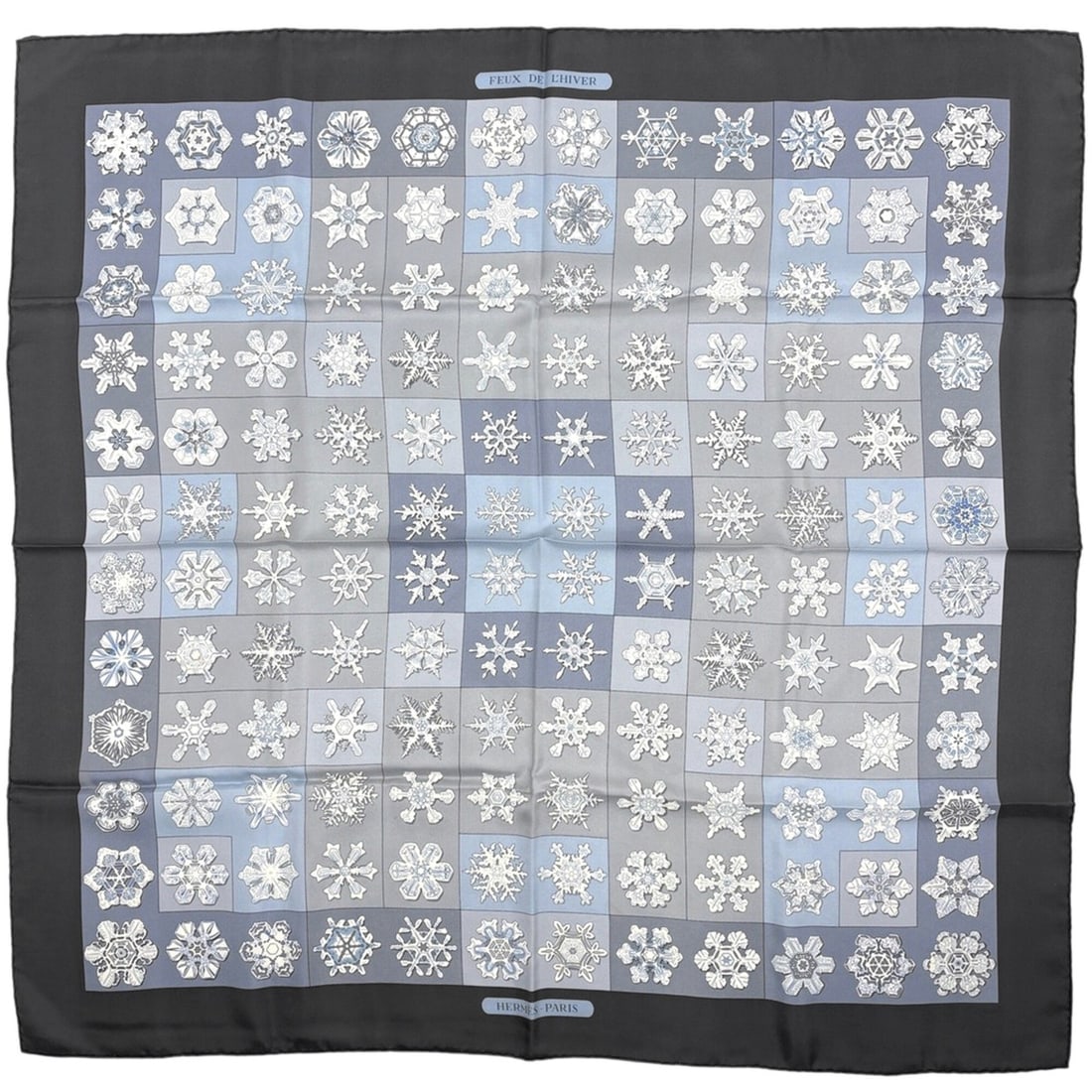 Hermes Carre 90 "Feux de l'HIVER" (Winter Fire) Scarf/Muffler, Silk, Gray/Blue, Women's: --- Catalog ---Category: SizeSize (LxW): 89.5cm x 91cm / 35.23'' x 35.82''Category: DesignType: ScarfColor: Blue, GrayGender: WomenMaterial: Silk Category: GeneralBrand: Hermes--- Item List ---Section