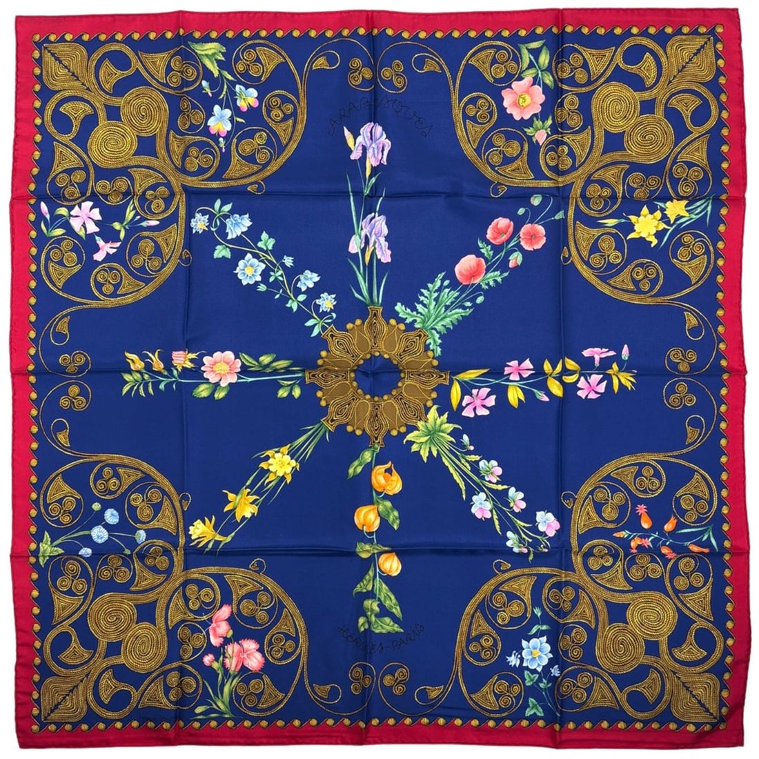 Hermes Carre 90 Arabesque Scarf/Muffler, Silk, Blue/Red Multicolor, Women's: --- Catalog ---Category: SizeSize (LxW): 91cm x 89cm / 35.82'' x 35.03''Category: DesignType: ScarfColor: Blue, Multi-color, Red colorGender: WomenMaterial: Silk Category: GeneralBrand: Hermes--- Item