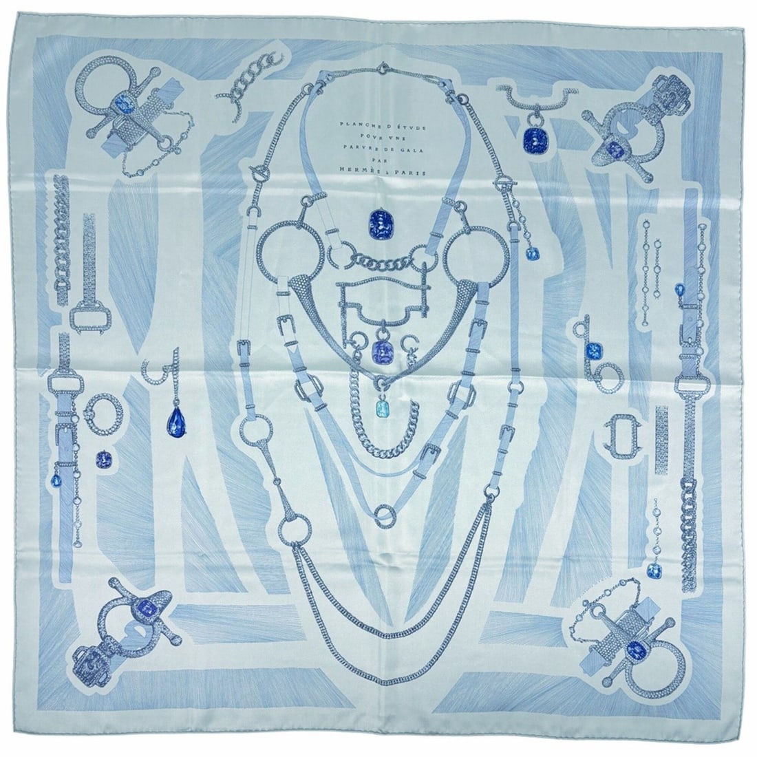 Hermes Carre 90 Etude pour une Parure de Gala (Formal Etude) Scarf/Muffler, Silk, Light Blue,: --- Catalog ---Category: SizeSize (LxW): 89.5cm x 88cm / 35.23'' x 34.64''Category: DesignType: ScarfColor: Light blue, Multi-colorGender: WomenMaterial: Silk Category: GeneralBrand: Hermes--- Item Li