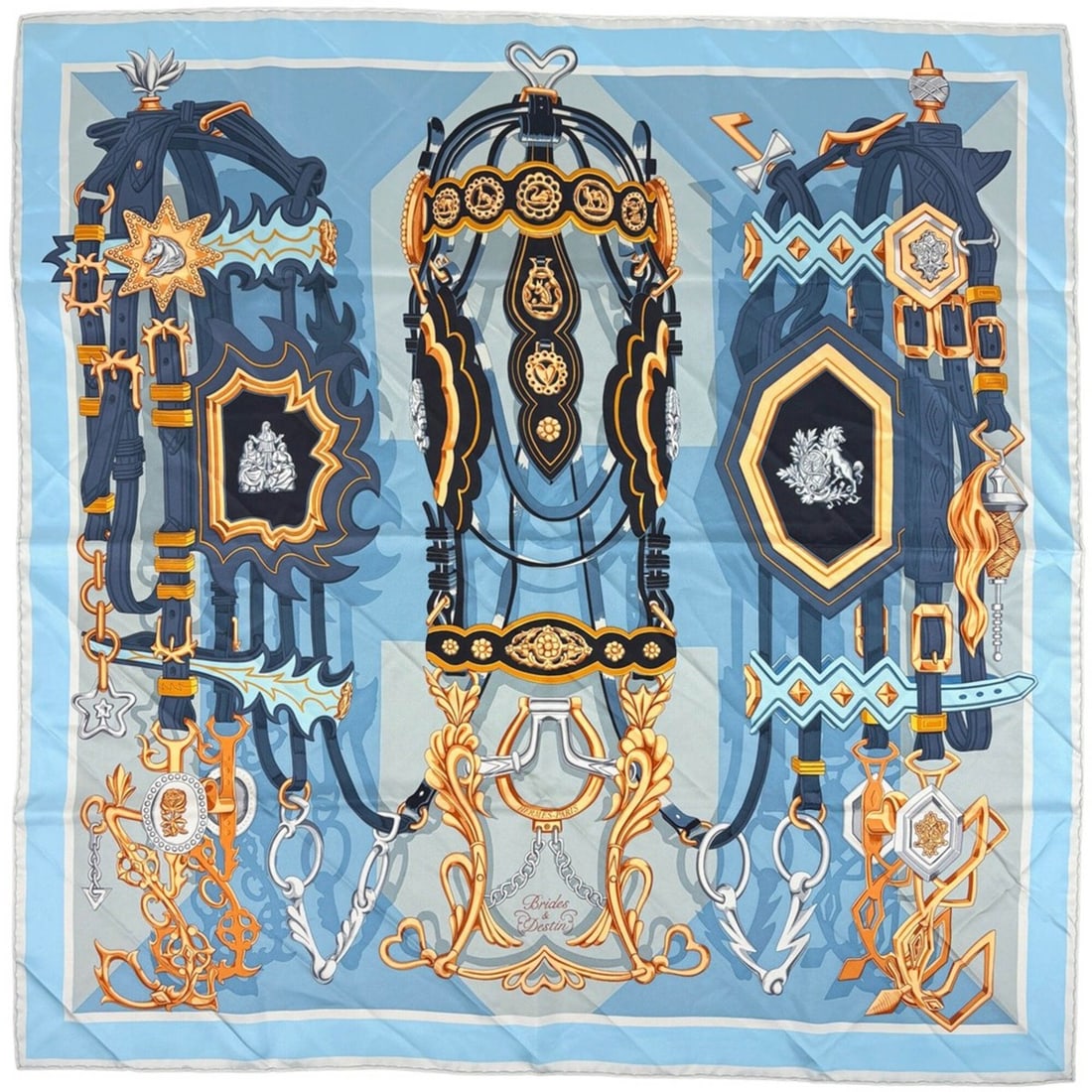 Hermes Carre 90 Brides et Destin (The Bridle and Destiny) Scarf/Muffler, Silk, Blue Multicolor,: --- Catalog ---Category: SizeSize (LxW): 89cm x 88.5cm / 35.03'' x 34.84''Category: DesignType: ScarfColor: Blue, Multi-colorGender: WomenMaterial: Silk Category: GeneralBrand: Hermes--- Item List ---