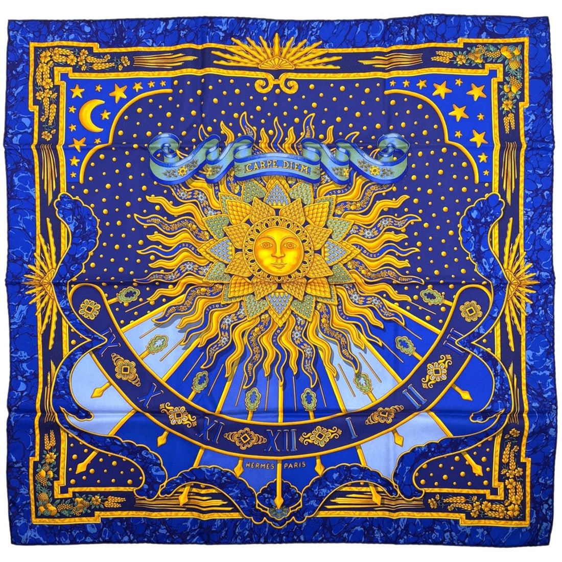 Hermes CARPE 90 "Enjoy Today" Sun, Moon, Star Scarf/Muffler, Silk, Blue Multicolor, Women's: --- Catalog ---Category: SizeSize (LxW): 89cm x 86.5cm / 35.03'' x 34.05''Category: DesignType: ScarfColor: Blue, Multi-colorGender: WomenMaterial: Silk Category: GeneralBrand: Hermes--- Item List ---