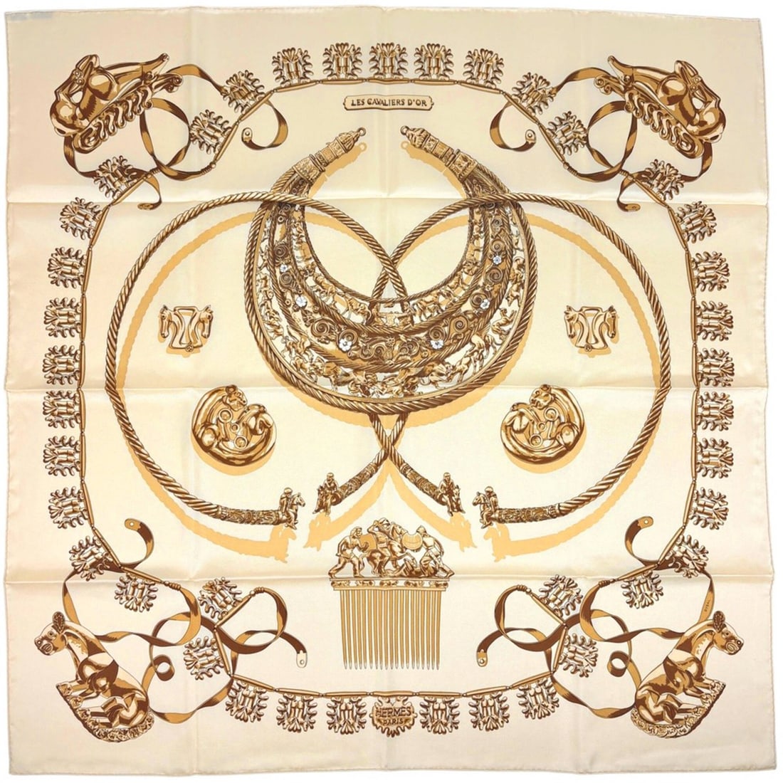 Hermes Carre 90 LES CAVALIERS D'OR (Golden Knights) Scarf/Muffler, Silk, Brown/Beige/Multicolor,: --- Catalog ---Category: SizeSize (LxW): 89cm x 89cm / 35.03'' x 35.03''Category: DesignType: ScarfColor: Beige, Brown, Multi-colorGender: WomenMaterial: Silk Category: GeneralBrand: Hermes--- Item Li