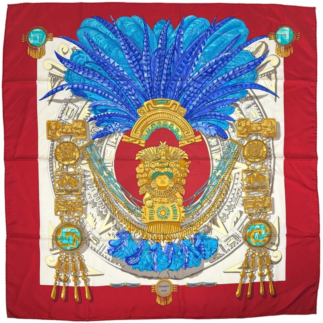 Hermes Carre 90 Mexico Buddha Statue Carnival Scarf Muffler Silk Red Blue Multicolor Women's: --- Catalog ---Category: SizeSize (LxW): 87cm x 89.5cm / 34.25'' x 35.23''Category: DesignType: ScarfColor: Blue, Multi-color, Red colorGender: WomenMaterial: Silk Category: GeneralBrand: Hermes--- It