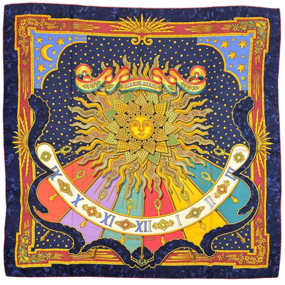 Hermes CARPE 90 "Enjoy Today" Sun and Moon Scarf/Muffler, Silk, Navy, Multicolor, Women's: --- Catalog ---Category: SizeSize (LxW): 88cm x 86.5cm / 34.64'' x 34.05''Category: DesignType: ScarfColor: NavyGender: WomenMaterial: Silk Category: GeneralBrand: Hermes--- Item List ---Section: Cond