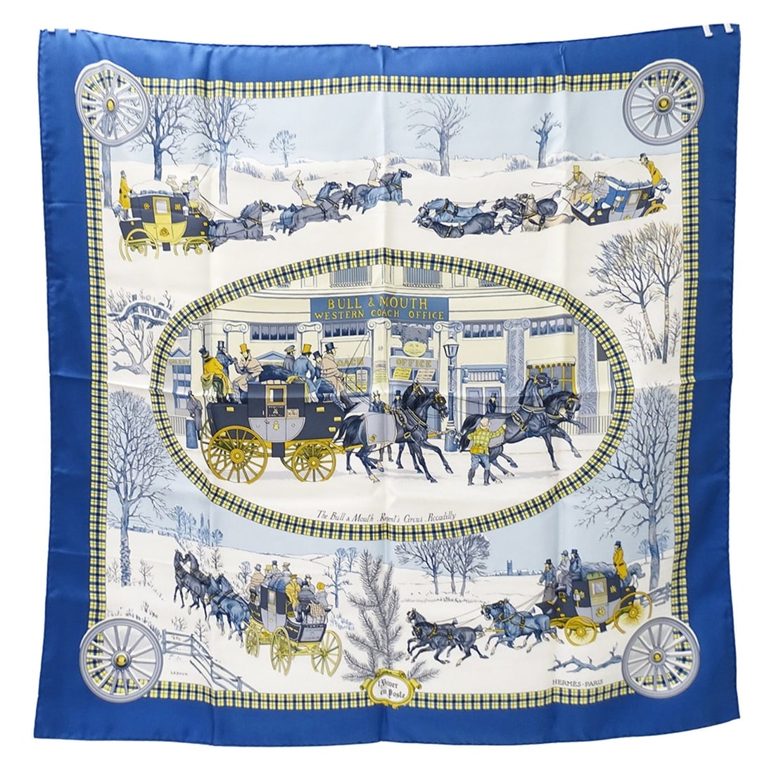 Hermes scarf/muffler for women, brand name, Carre 90, L'HIVER EN POSTE (Winter Postal Coach), silk,: --- Catalog ---Category: SizeSize (LxW): 89cm x 89cm / 35.03'' x 35.03''Category: DesignType: ScarfColor: BlueGender: WomenMaterial: Silk Category: GeneralBrand: HermesCountry of Origin: France--- Ite