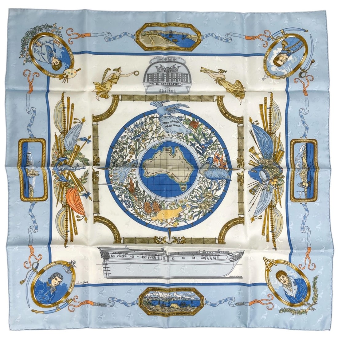 Hermes Carre 90 LE GEOGRAPHE (The Geographer) Scarf/Muffler, Silk, Blue, White, Multicolor, Women's: --- Catalog ---Category: SizeSize (LxW): 88cm x 89.5cm / 34.64'' x 35.23''Category: DesignType: ScarfColor: Blue, Multi-color, WhiteGender: WomenMaterial: Silk 100%Category: GeneralBrand: Hermes--- It