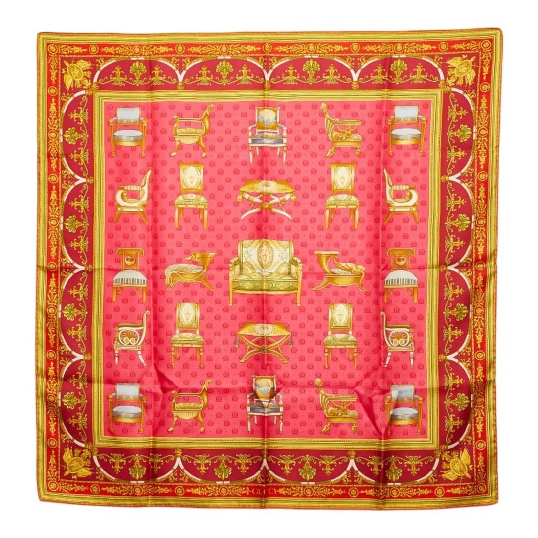 Gucci Chair Pattern Scarf/Muffler, Pink Multicolor Silk, Women's GUCCI: --- Catalog ---Category: SizeSize (LxW): 88cm x 86cm / 34.64'' x 33.85''Category: DesignType: ScarfColor: Multi-color, PinkGender: WomenMaterial: Silk Category: GeneralBrand: Gucci--- Item List ---Sec