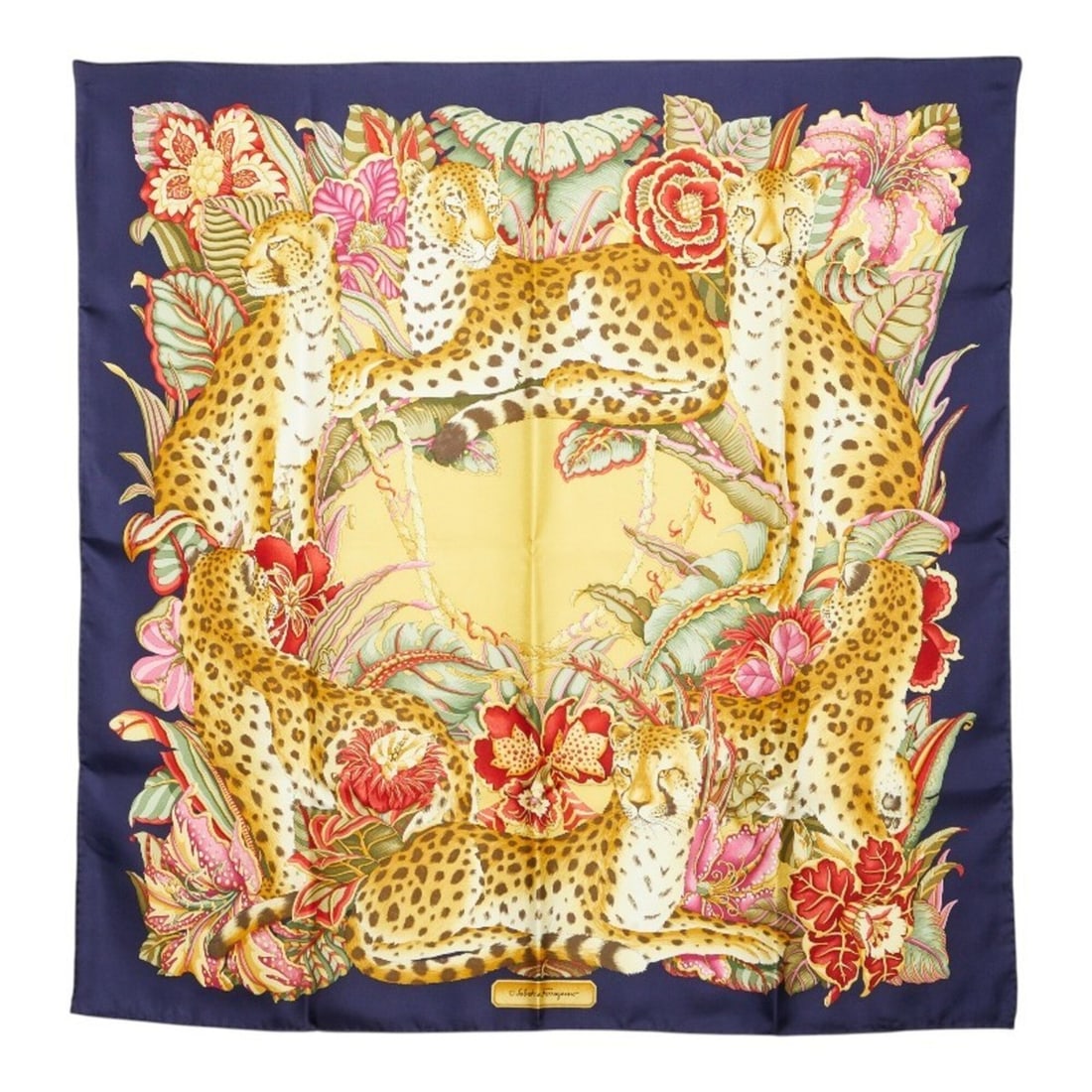 Salvatore Ferragamo Leopard Print Scarf/Muffler, Navy Multicolor Silk, Women's (1 of 12)