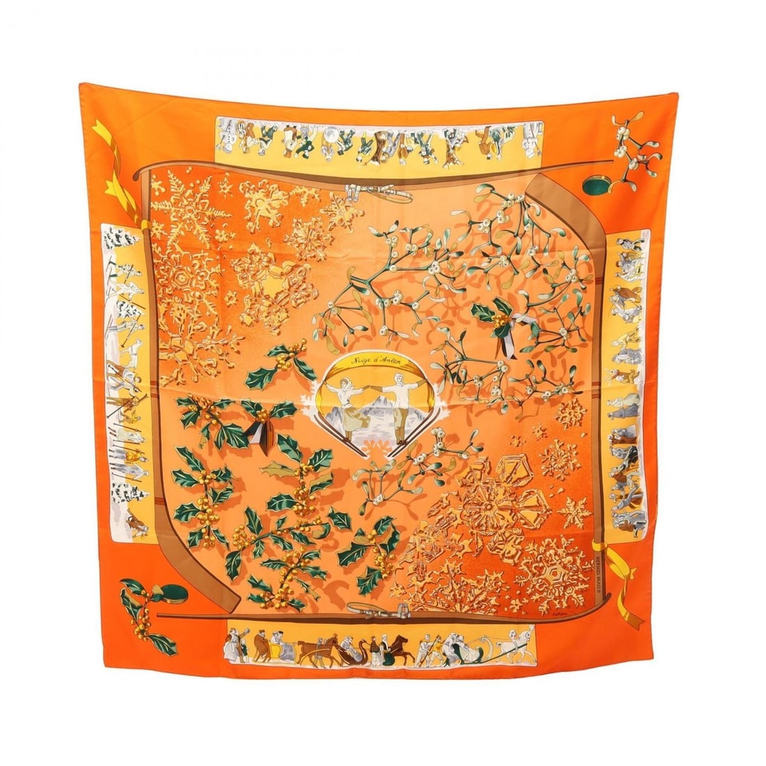 Hermes Carre 90 Neige d'antan Scarf/Muffler, Silk, Women's, Orange/Multicolor: --- Catalog ---Category: SizeSize (LxW): 88cm x 88cm / 34.64'' x 34.64''Category: DesignType: ScarfColor: Multi-color, OrangeGender: WomenMaterial: Silk Category: GeneralBrand: Hermes--- Item List ---