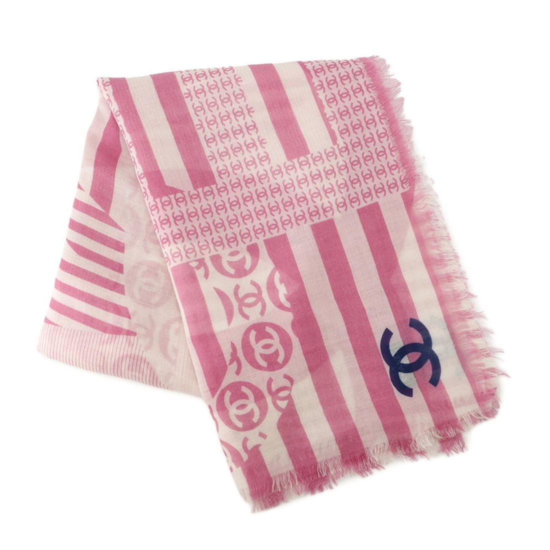 Chanel scarf muffler Coco mark large stole cashmere CHANEL: --- Catalog ---Category: SizeSize (LxW): 1.91m x 1.36m / 75.19'' x 53.54''Category: DesignType: ScarfColor: Pink, WhiteGender: WomenMaterial: Cashmere 100%Category: GeneralBrand: ChanelCountry of Orig