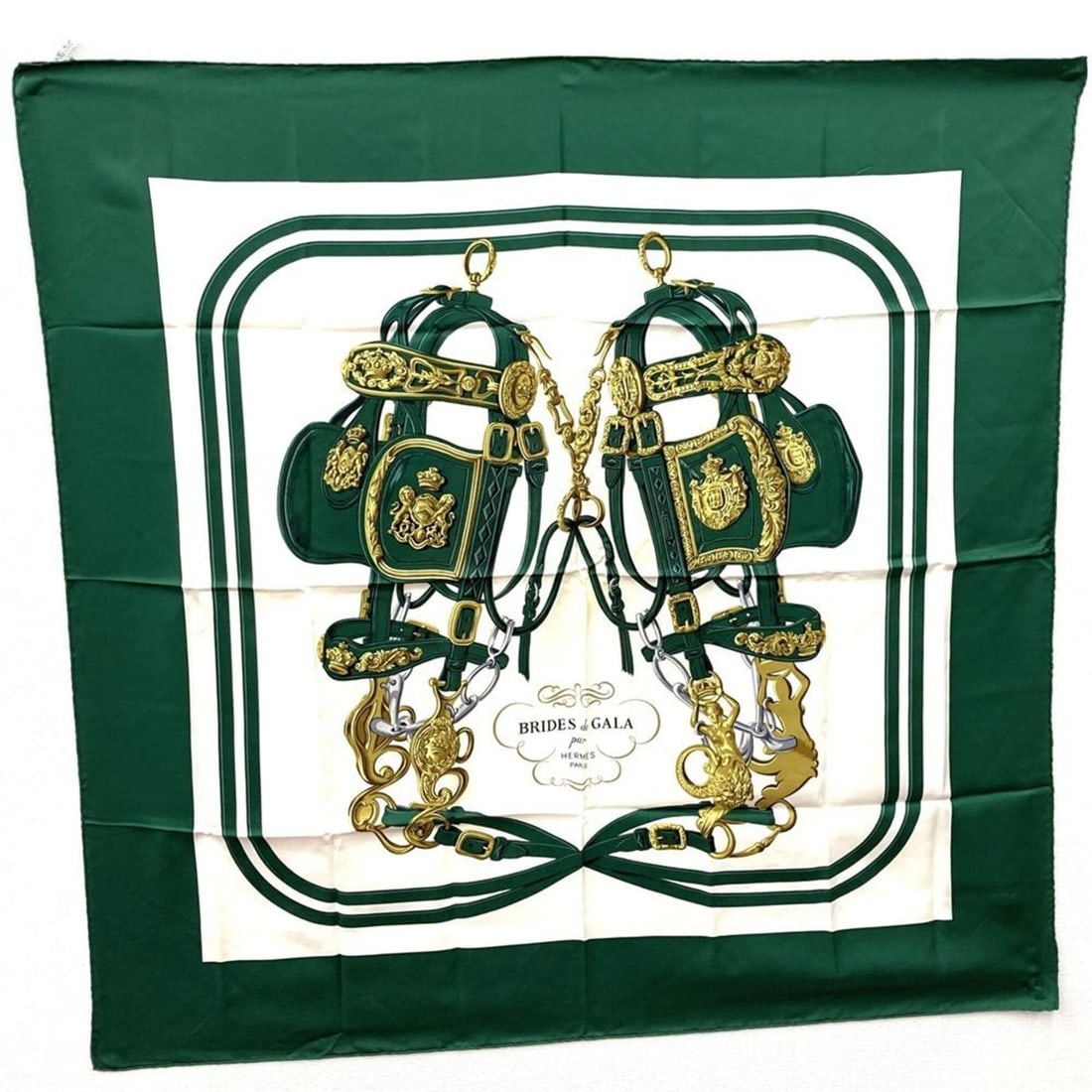 HERMES Carre 90 BRIDES de GALA Ceremonial Bridle Scarf/Muffler, Silk, Green, Women's: --- Catalog ---Category: SizeSize (LxW): 88cm x 87cm / 34.64'' x 34.25''Category: DesignType: ScarfColor: GreenGender: WomenMaterial: Silk Category: GeneralBrand: HermesCountry of Origin: France---