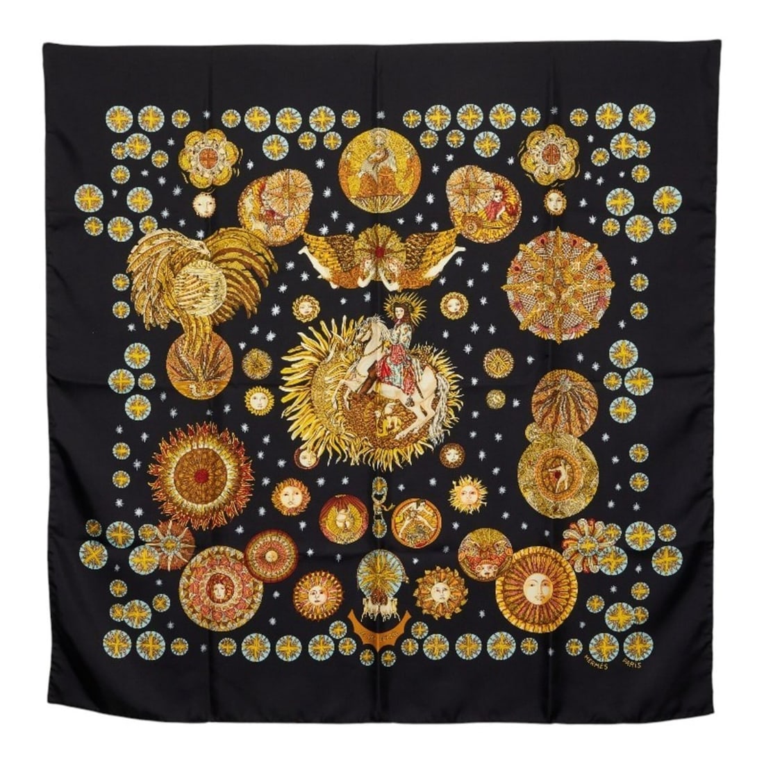 Hermes Carre 90 "Le Roy Soleil" (Sun King) Scarf/Muffler, Black Silk, Women's.: --- Catalog ---Category: SizeSize (LxW): 87cm x 88cm / 34.25'' x 34.64''Category: DesignType: ScarfColor: BlackGender: WomenMaterial: Silk Category: GeneralBrand: Hermes--- Item List ---Section: