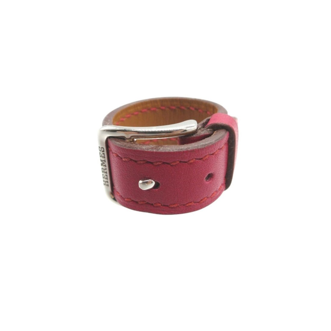 Excellent condition Hermes belt motif scarf ring, leather and stainless steel, pink, ?I stamp,: --- Catalog ---Category: DesignType: Scarf ringColor: Pink, SilverGender: WomenMaterial: Leather Category: GeneralBrand: Hermes--- Item List ---Section: ConditionRanking: Rank A Used - A few traces of
