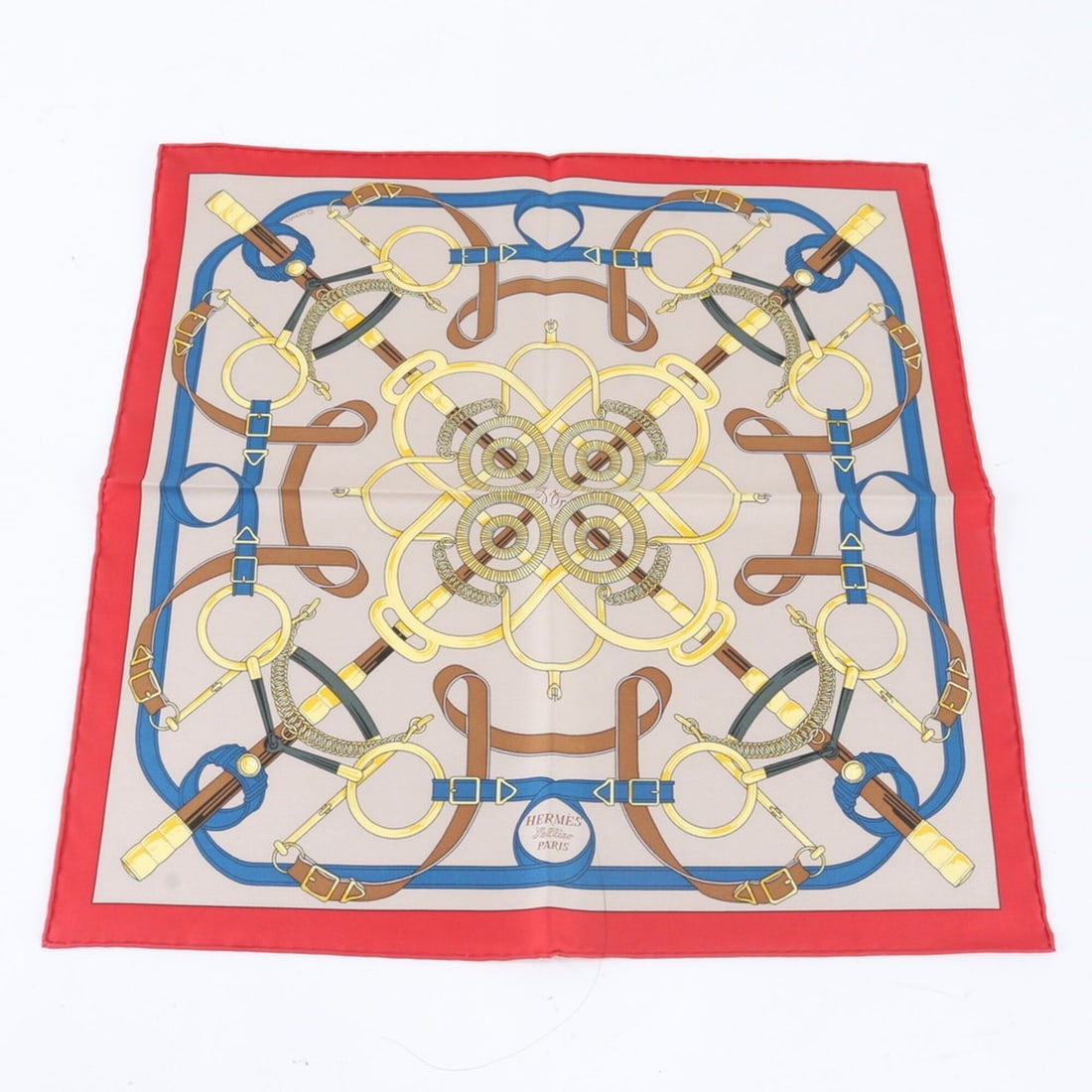 Hermes Carre Eperon d'Or (Golden Spur) scarf with tag, 100% silk, women's scarf/muffler.: --- Catalog ---Category: SizeSize (LxW): 42.5cm x 42cm / 16.73'' x 16.53''Category: DesignType: ScarfColor: Multi-colorGender: WomenMaterial: Silk Category: GeneralBrand: HermesCountry of Origin: Fran