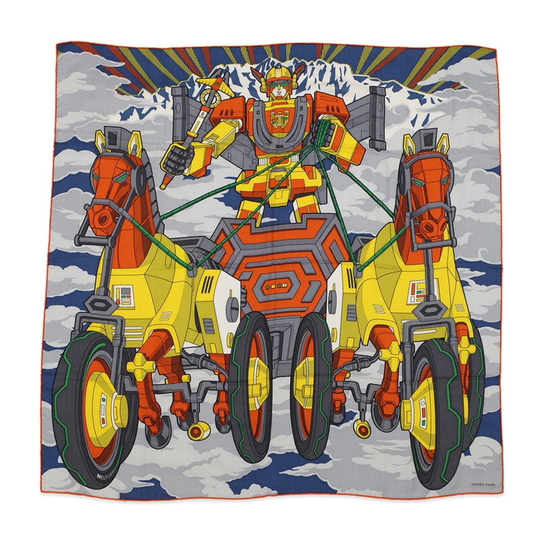 Hermes scarf muffler Carre H 100 Mega Chariot cashmere silk Daisuke Nomura HERMES 2020 SCARF: --- Catalog ---Category: SizeSize (LxW): 1m x 1m / 39.37'' x 39.37''Category: DesignType: ScarfColor: Blue, OrangeGender: Women,MenMaterial: Cashmere 70%, Silk 30%Category: GeneralBrand: HermesCountry