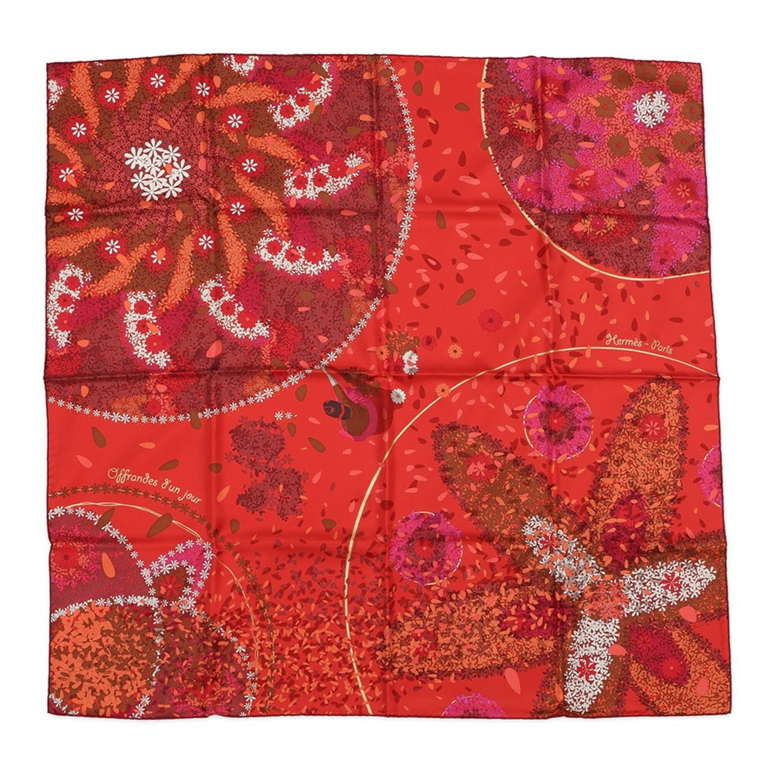 Hermes scarf, muffler, Carre 90, "Offrandes D'un Jour" (Flower Offering), silk, HERMES carre.: --- Catalog ---Category: SizeSize (LxW): 90cm x 90cm / 35.43'' x 35.43''Category: DesignType: ScarfColor: Pink, Red color, WhiteGender: Women,MenMaterial: Silk Category: GeneralBrand: HermesCountry of