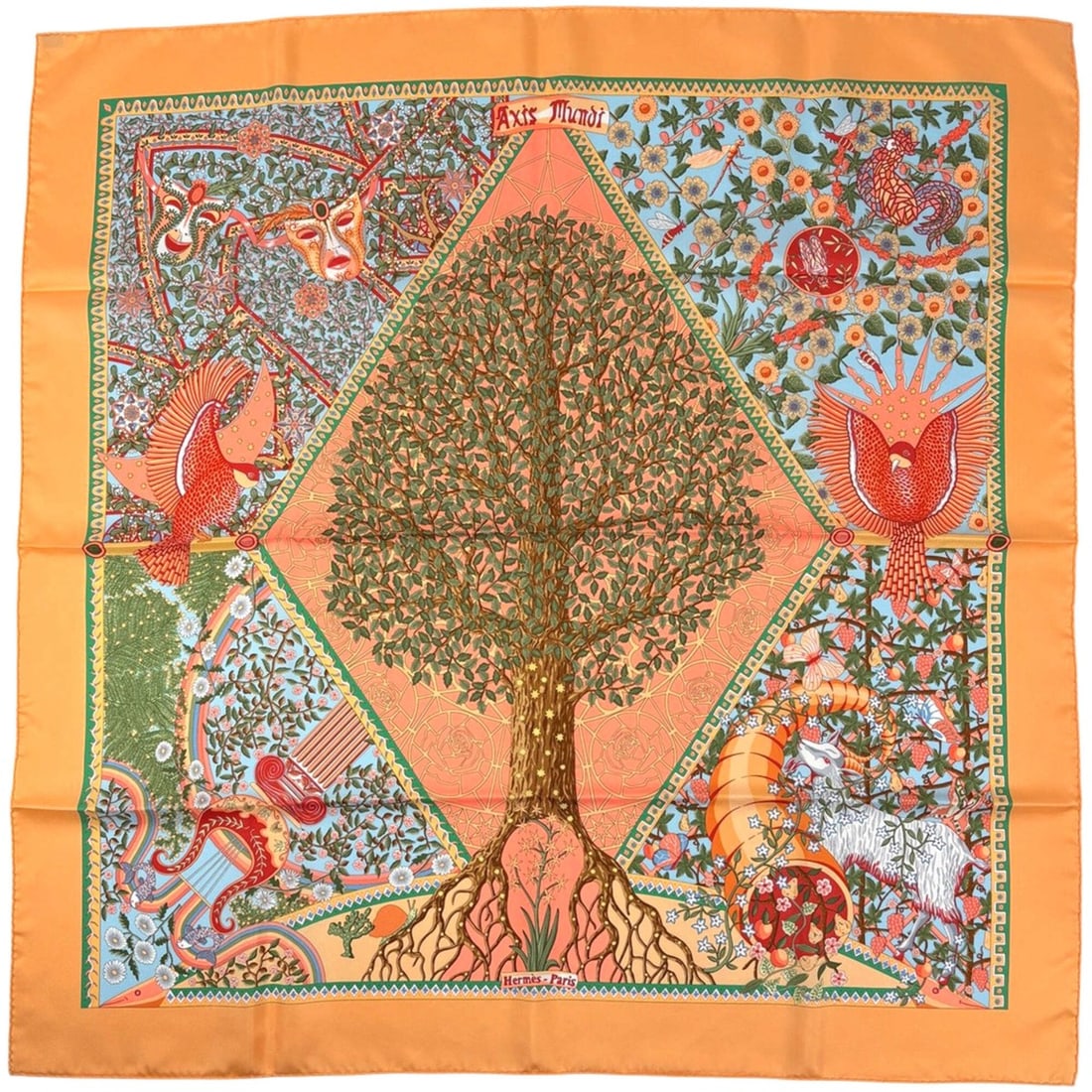 Hermes Carre 90 Axis Mundi (World's Central Axis) Scarf/Muffler, Silk, Orange Multicolor, Women's: --- Catalog ---Category: SizeSize (LxW): 88.5cm x 88.5cm / 34.84'' x 34.84''Category: DesignType: ScarfColor: Multi-color, OrangeGender: WomenMaterial: Silk Category: GeneralBrand: Hermes--- Item List