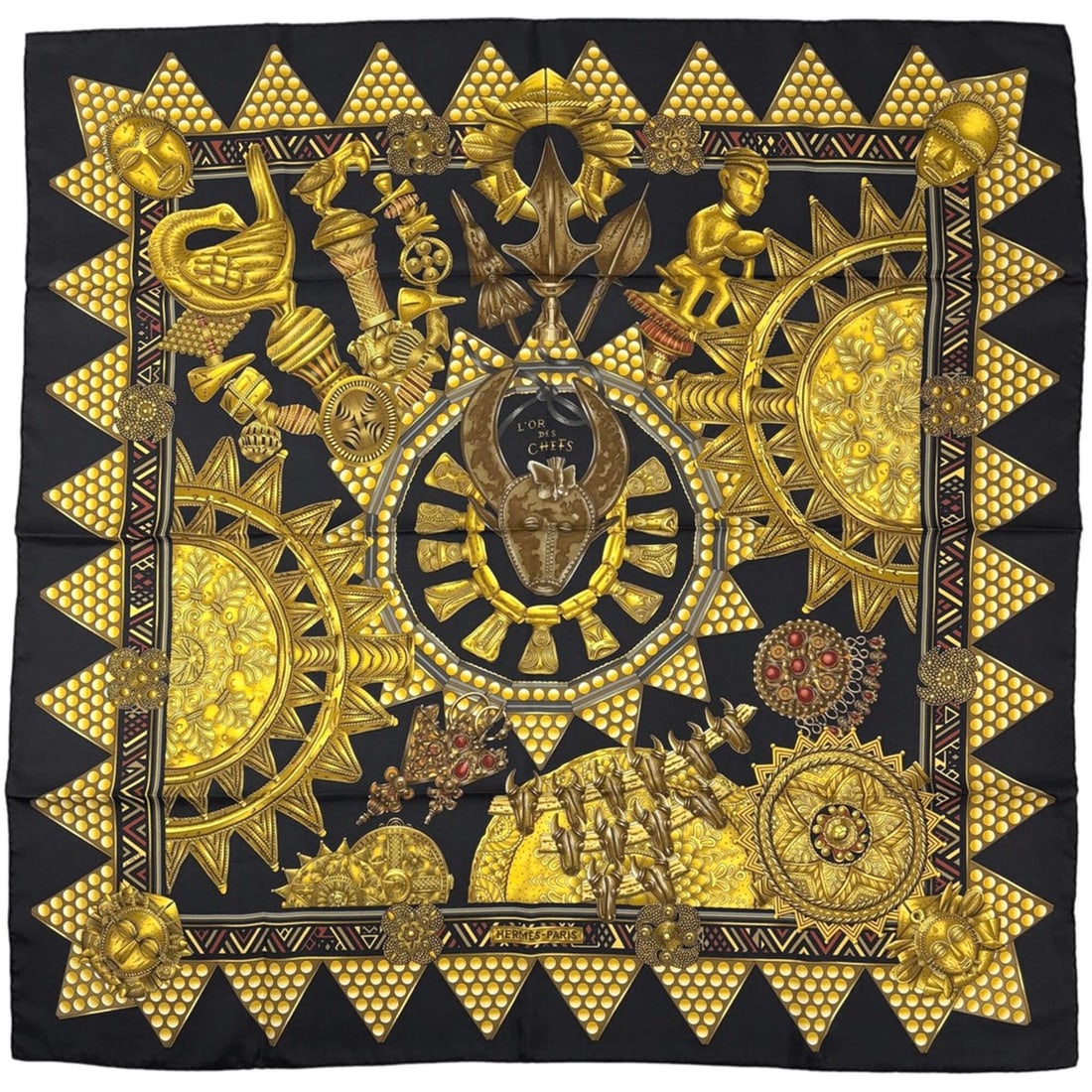 Hermes Carre 90 L'OR DES CHEFS (Golden Chiefs) Scarf/Muffler, Silk, Black/Yellow, Women's (1 of 18)