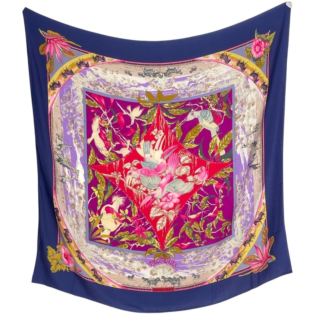 Hermes Carre 140 Tropices Tropical Floral and Bird Pattern Shawl Scarf Muffler Cashmere Silk Navy (1 of 15)