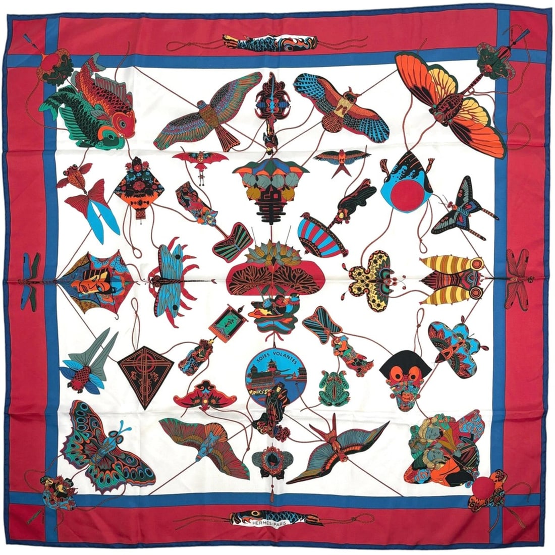 Hermes Carre 90 SOIES VOLANTES (Floating in the Sky) Silk Scarf/Muffler - Red, Navy, Multicolor: --- Catalog ---Category: SizeSize (LxW): 88.5cm x 88cm / 34.84'' x 34.64''Category: DesignType: ScarfColor: Multi-color, Navy, Red colorGender: WomenMaterial: Silk Category: GeneralBrand: Hermes--- It