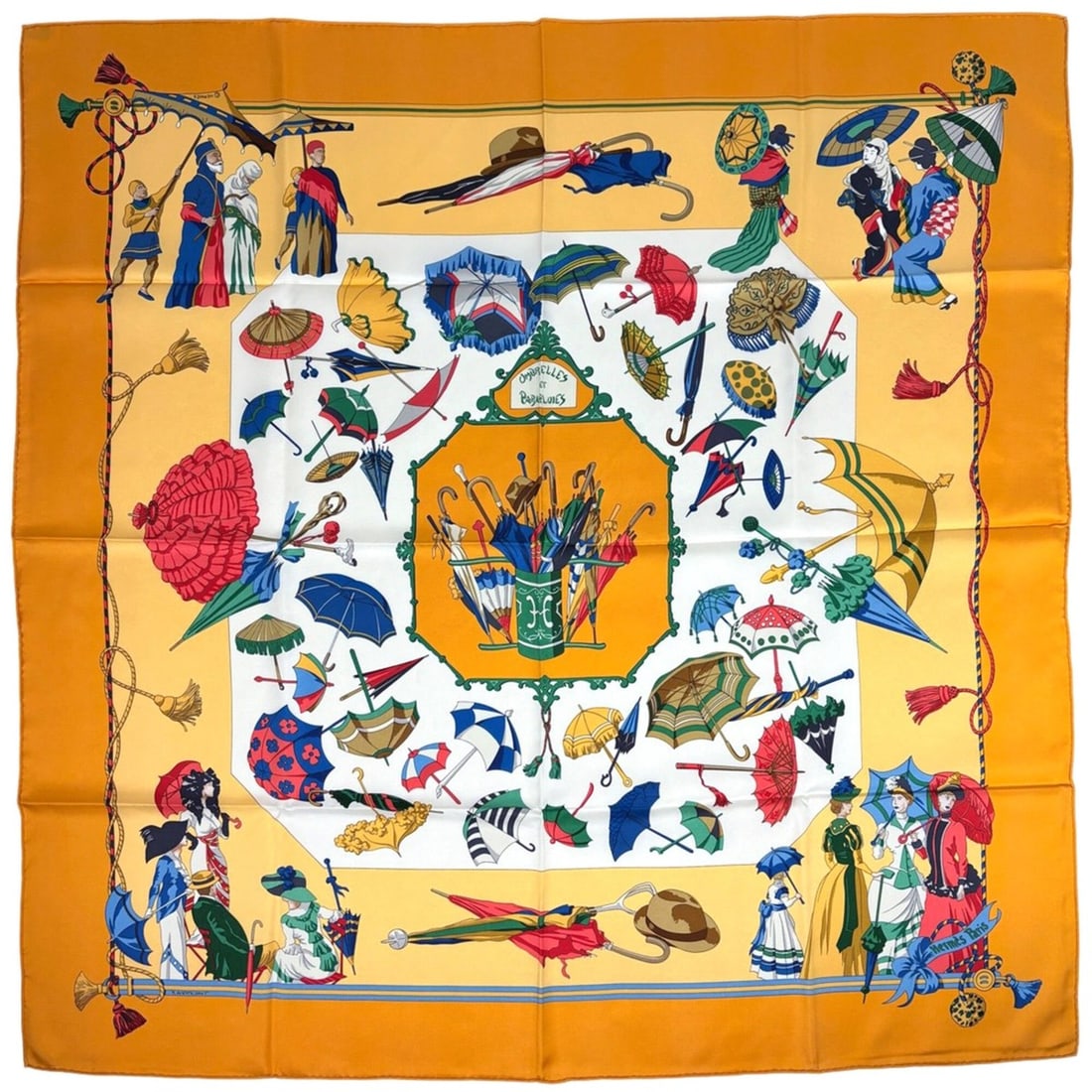 Hermes Carre 90 Ombrelles et Parapluies (parasol and umbrella design), scarf, muffler, silk, orange,: --- Catalog ---Category: SizeSize (LxW): 89cm x 89cm / 35.03'' x 35.03''Category: DesignType: ScarfColor: Multi-color, OrangeGender: WomenMaterial: Silk Category: GeneralBrand: Hermes--- Item List ---