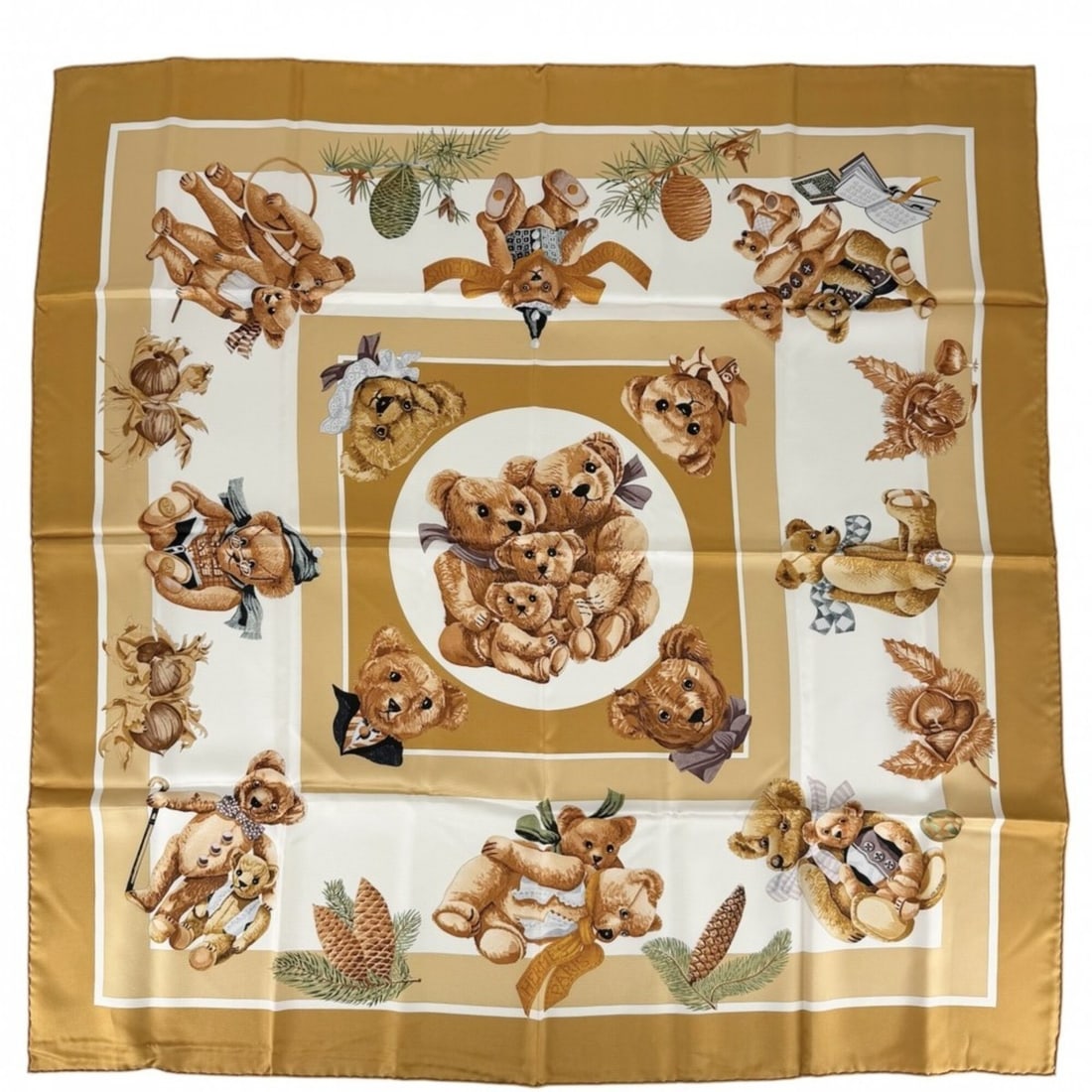 Hermes Carre 90 Scarf for Women, a fashion item featuring teddy bear design, available in yellow and: --- Catalog ---Category: SizeSize (LxW): 90cm x 90cm / 35.43'' x 35.43''Category: DesignType: ScarfColor: Brown, YellowGender: WomenMaterial: Silk 100%Category: GeneralBrand: Hermes--- Item List ---Se