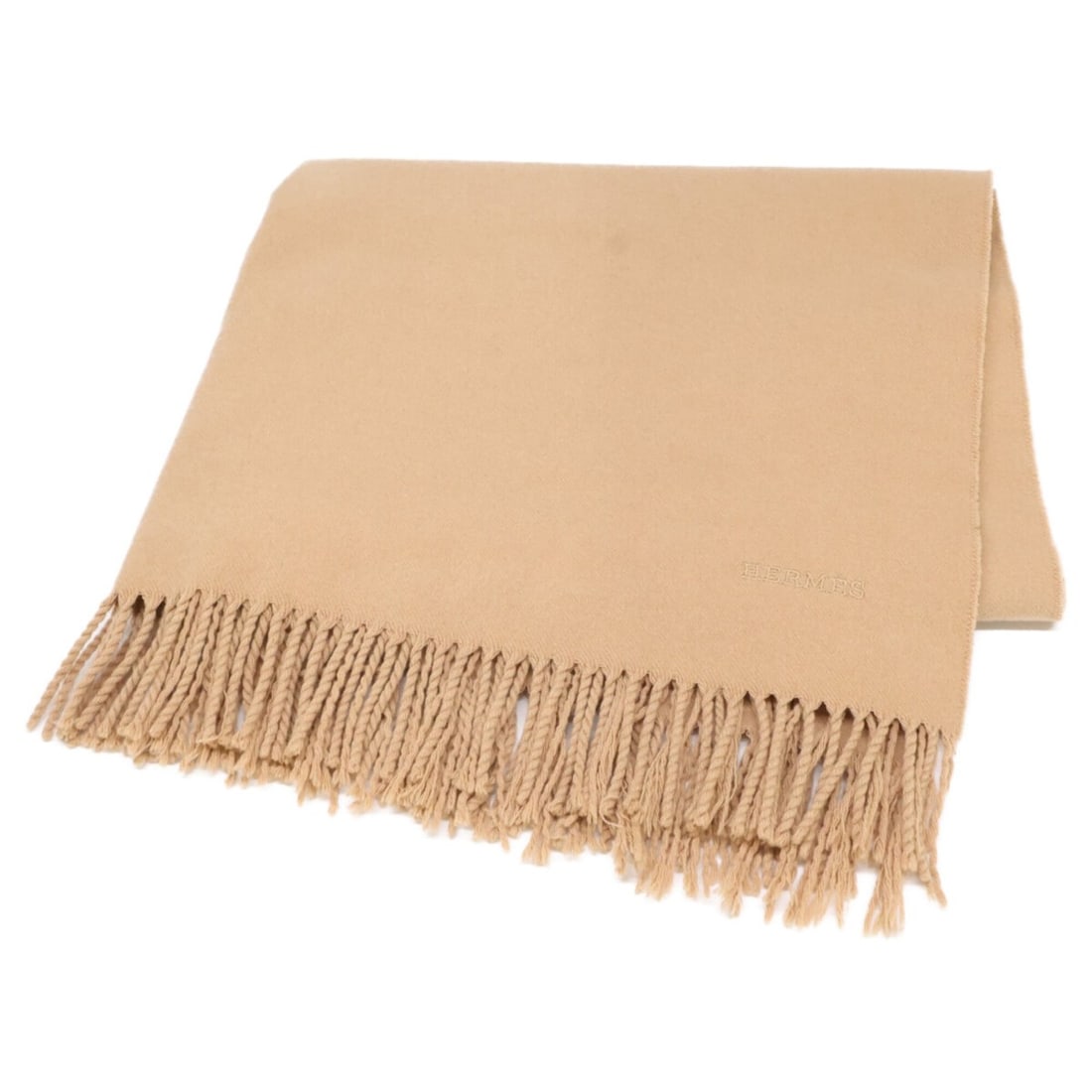 HERMES logo embroidered cashmere fringe stole/scarf, beige, women's. (1 of 11)