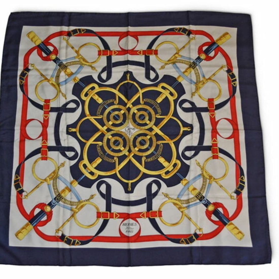 Hermes Carre 90 Scarf/Muffler, HERMES Apron d'Or/Golden Spur Navy/White, Women's (1 of 12)
