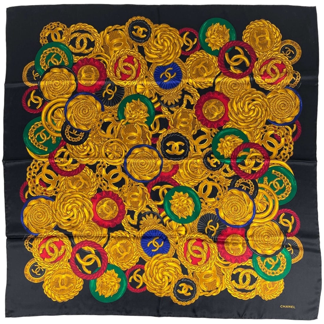 Chanel Coco Mark Scarf Muffler Camellia Accessory Silk Black Multicolor Women's: --- Catalog ---Category: SizeSize (LxW): 97.5cm x 96cm / 38.38'' x 37.79''Category: DesignType: ScarfColor: Black, Multi-colorGender: WomenMaterial: Silk Category: GeneralBrand: Chanel--- Item List --