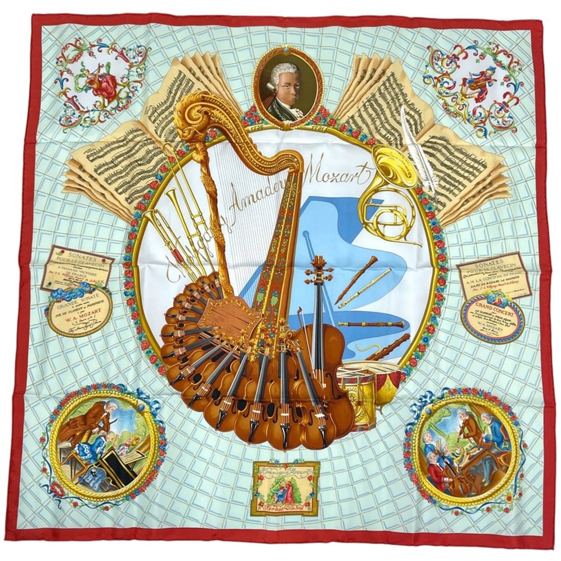 Hermes Carre 90 Wolfgang Amadeus Mozart Scarf/Muffler, Silk, Red Multicolor, Women's: --- Catalog ---Category: SizeSize (LxW): 89cm x 89cm / 35.03'' x 35.03''Category: DesignType: ScarfColor: Multi-color, Red colorGender: WomenMaterial: Silk Category: GeneralBrand: Hermes--- Item List 
