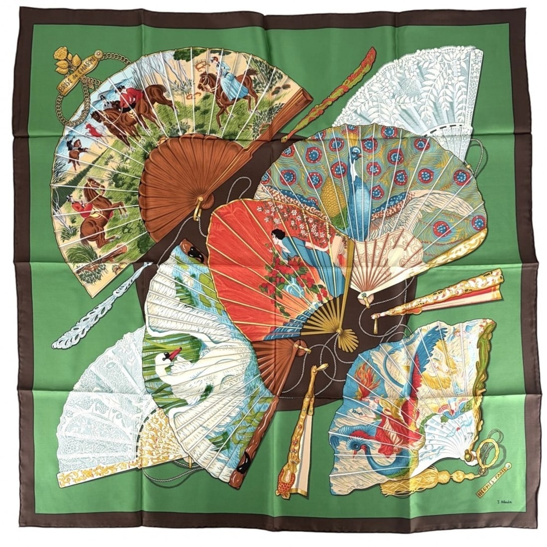 Hermes Carre 90 BRISE de CHARME scarf/muffler for women, featuring a charming breeze. A fashion item: --- Catalog ---Category: SizeSize (LxW): 90cm x 90cm / 35.43'' x 35.43''Category: DesignType: ScarfColor: Brown, Green, Multi-colorGender: WomenMaterial: Silk Category: GeneralBrand: Hermes--- Item Li