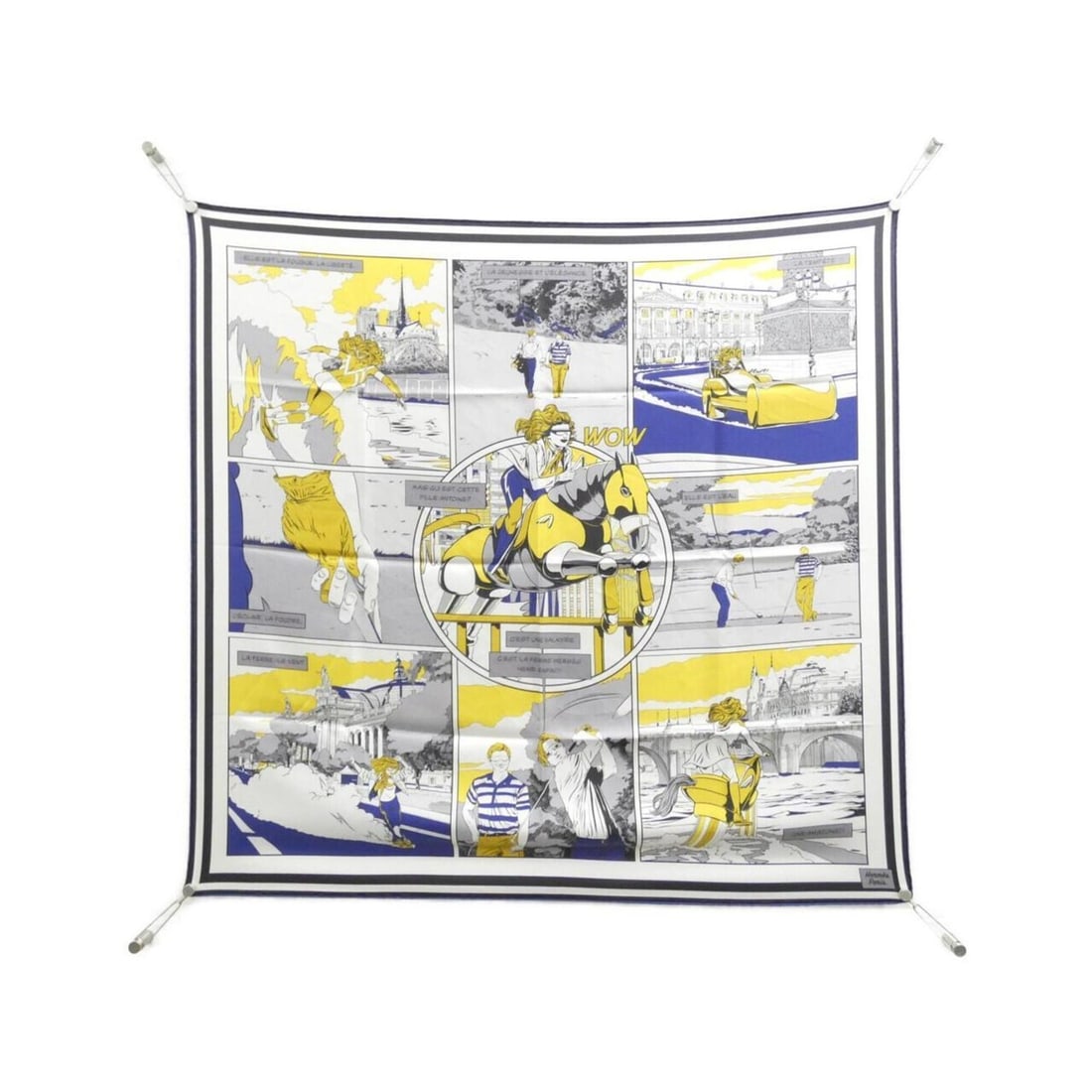 Hermes WOW Carre Double Face Scarf Muffler: --- Catalog ---Category: SizeSize (LxW): 90cm x 90cm / 35.43'' x 35.43''Category: DesignType: ScarfColor: Blue, Gray, White, YellowGender: WomenMaterial: Silk Category: GeneralBrand: Hermes--- Item Li