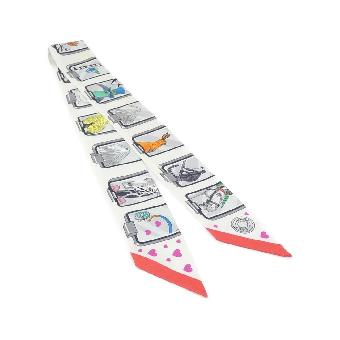Hermes HERMES STORY Twilly 063875S Scarf Muffler: --- Catalog ---Category: SizeSize (LxW): 5cm x 86cm / 1.96'' x 33.85''Category: DesignType: ScarfColor: Multi-color, WhiteGender: Women,MenMaterial: Silk Category: GeneralMPN: 063875SBrand: Hermes--- 