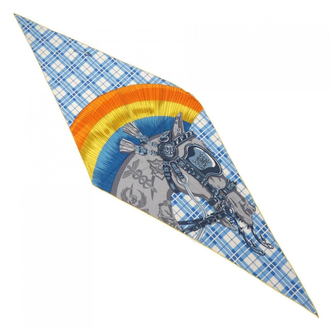 Hermes HERMES CHEVAL PUNK H433768T Losange Scarf/Stole: --- Catalog ---Category: SizeSize (LxW): 78cm x 2.1m / 30.7'' x 82.67''Category: DesignType: StoleColor: Blue, Gray, Orange, YellowGender: MenMaterial: Silk , Cashmere Category: GeneralBrand: Hermes--