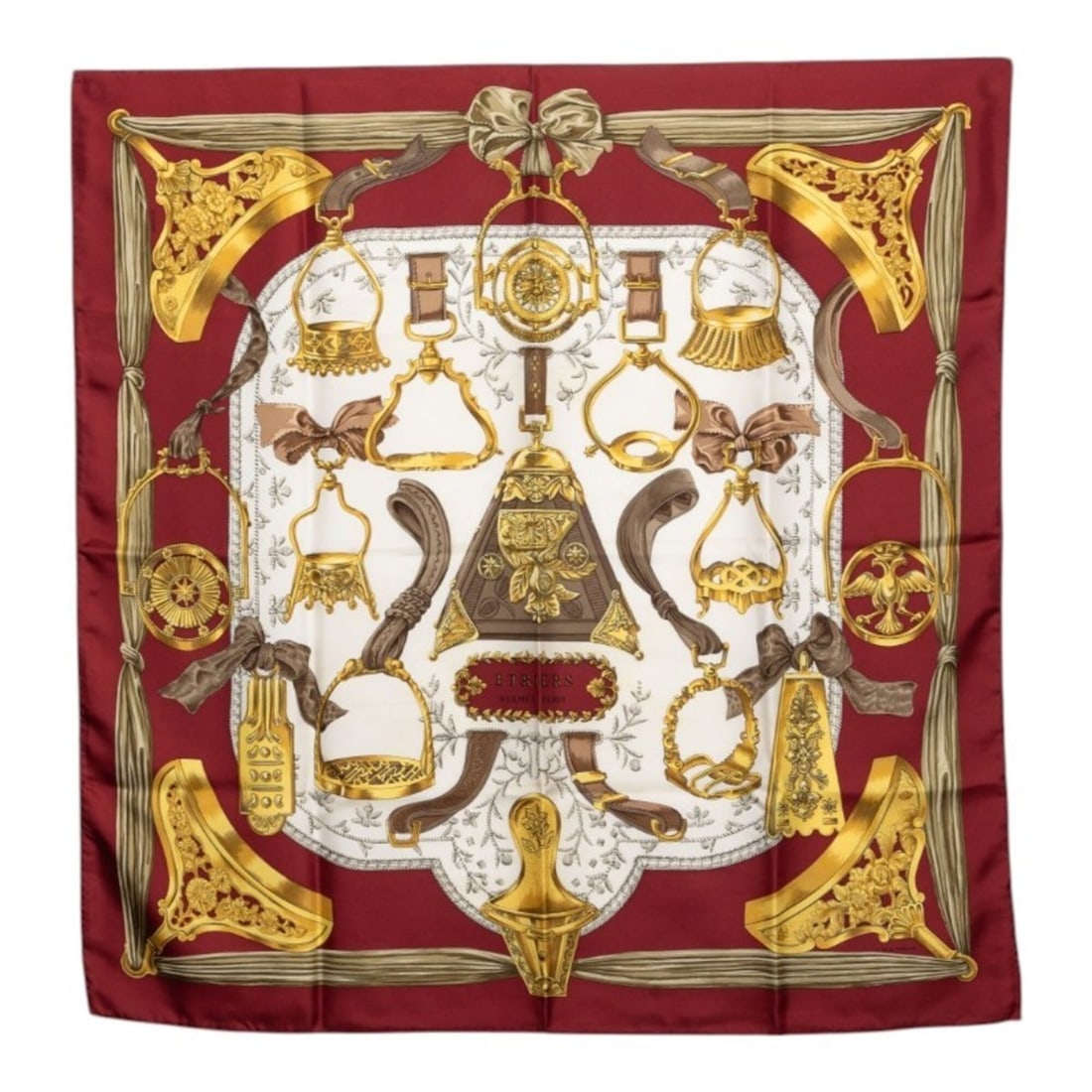 Hermes Carre 90 ETRIERS Armor/Equestrian Scarf/Muffler, Red/White Multicolor Silk, Women's HERMES: --- Catalog ---Category: SizeSize (LxW): 89cm x 87cm / 35.03'' x 34.25''Category: DesignType: ScarfColor: Multi-color, Red color, WhiteGender: WomenMaterial: Silk Category: GeneralBrand: Hermes--- Ite