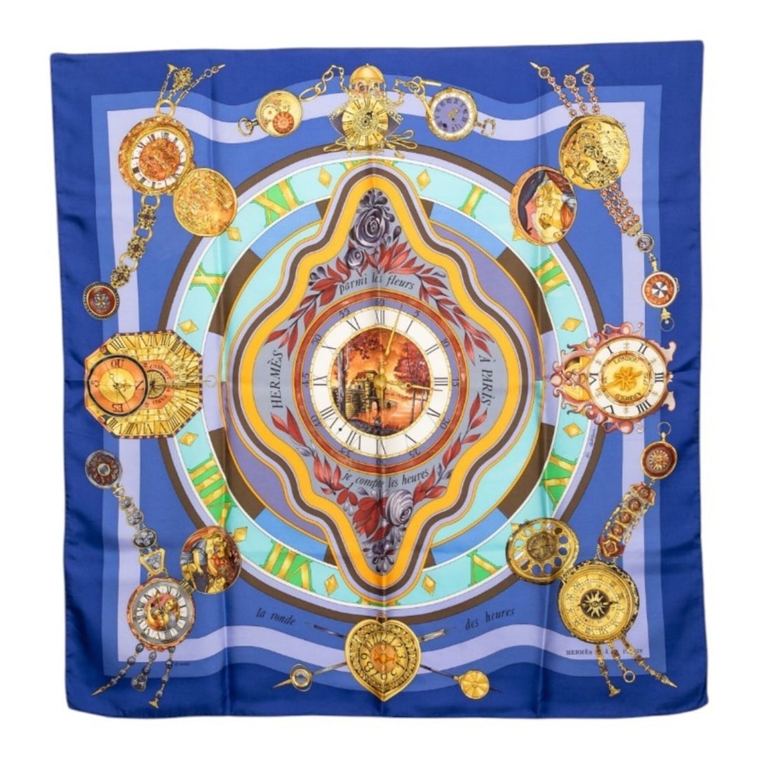 Hermes Carre 90 "Parmi les fleurs je compte heures" (Time spent among flowers) Scarf/Muffler, Blue,: --- Catalog ---Category: SizeSize (LxW): 88cm x 86cm / 34.64'' x 33.85''Category: DesignType: ScarfColor: Blue, Multi-colorGender: WomenMaterial: Silk Category: GeneralBrand: Hermes--- Item List ---Se