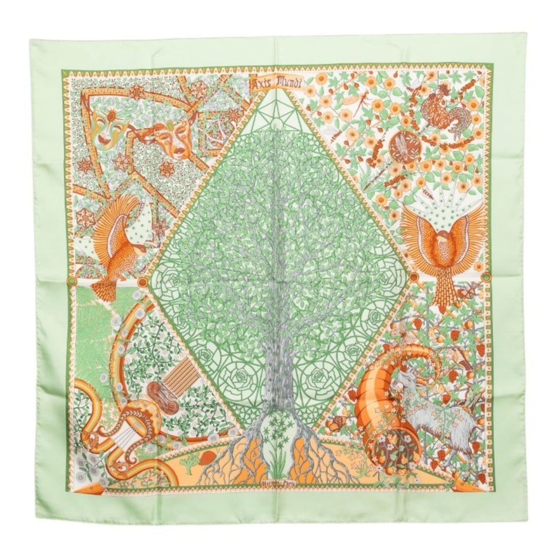 Hermes AXIS MUNDI (Axis of the World) Scarf/Muffler, Green Multicolor Silk, Women's: --- Catalog ---Category: SizeSize (LxW): 89cm x 87cm / 35.03'' x 34.25''Category: DesignType: ScarfColor: Green, Multi-colorGender: WomenMaterial: Silk Category: GeneralBrand: Hermes--- Item List ---S