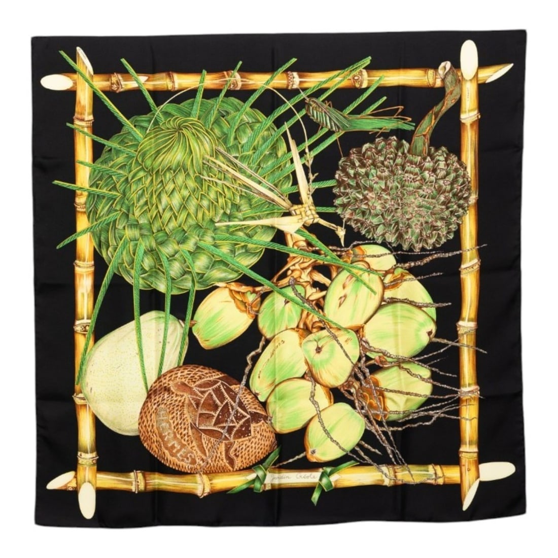 Hermes Carre 90 Jardin Creole (Paradise of Creole) Scarf/Muffler, Black/Multicolor Silk, Women's: --- Catalog ---Category: SizeSize (LxW): 88cm x 87.5cm / 34.64'' x 34.44''Category: DesignType: ScarfColor: Black, Multi-colorGender: WomenMaterial: Silk Category: GeneralBrand: Hermes--- Item List --
