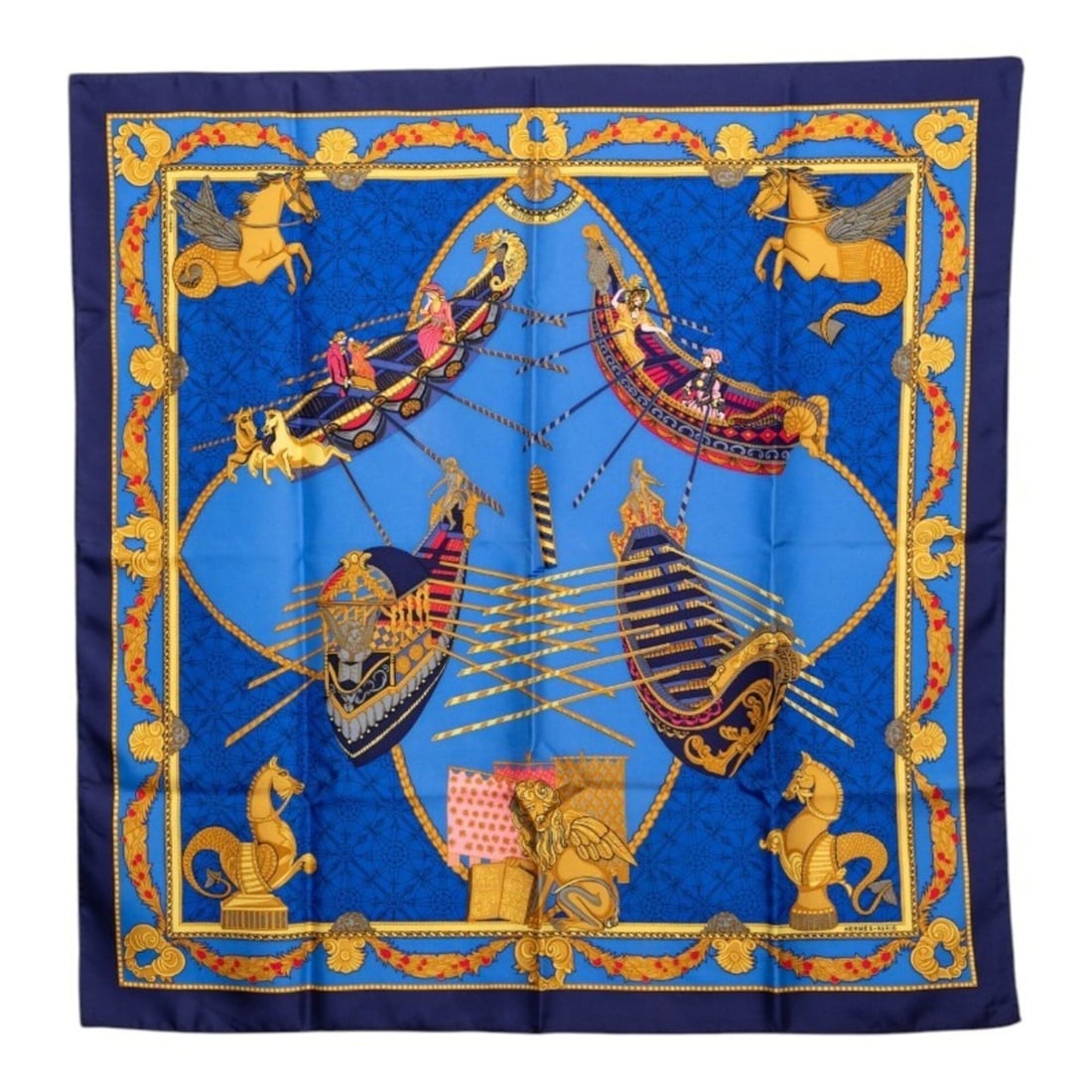 Hermes Carre 90 LES BISSONE DE VENISE (The Venetian Sailor) Scarf/Muffler, Navy Blue Multicolor: --- Catalog ---Category: SizeSize (LxW): 88cm x 89cm / 34.64'' x 35.03''Category: DesignType: ScarfColor: Blue, NavyGender: WomenMaterial: Silk Category: GeneralBrand: Hermes--- Item List ---Section: 