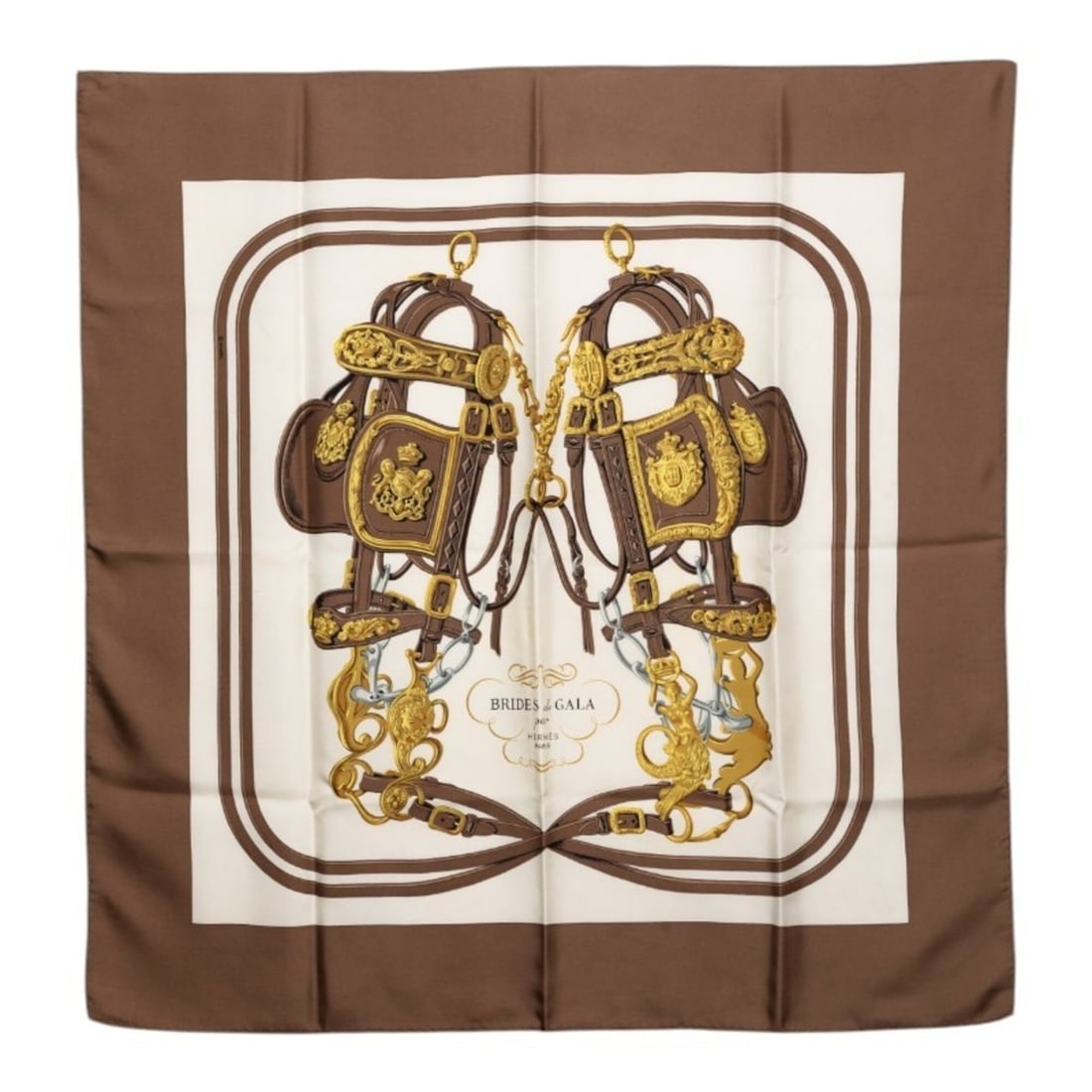 Hermes Carre 90 BRIDE de GALA Ceremonial Bridle Scarf/Muffler, Brown, White, Yellow, Silk, Women's: --- Catalog ---Category: SizeSize (LxW): 87cm x 88cm / 34.25'' x 34.64''Category: DesignType: ScarfColor: Brown, YellowGender: WomenMaterial: Silk Category: GeneralBrand: Hermes--- Item List ---Sectio