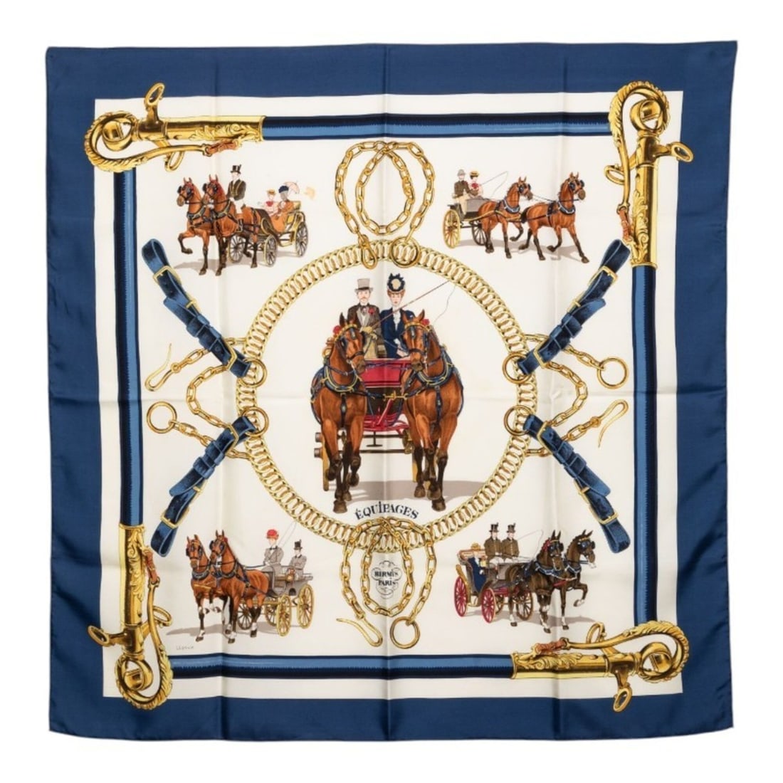 Hermes Carre 90 EQUIPAGES Carriage Scarf Muffler Navy Multicolor Silk Women's HERMES (1 of 16)