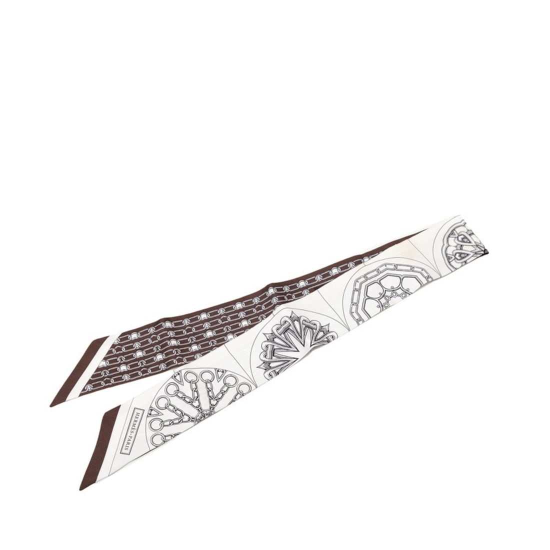 Hermes Twilly Kaleidoscope Effect Scarf/Muffler, White/Brown Silk, Women's HERMES: --- Catalog ---Category: SizeSize (LxW): 85cm x 5cm / 33.46'' x 1.96''Category: DesignType: ScarfColor: Brown, WhiteGender: WomenMaterial: Silk Category: GeneralBrand: Hermes--- Item List ---Section: 