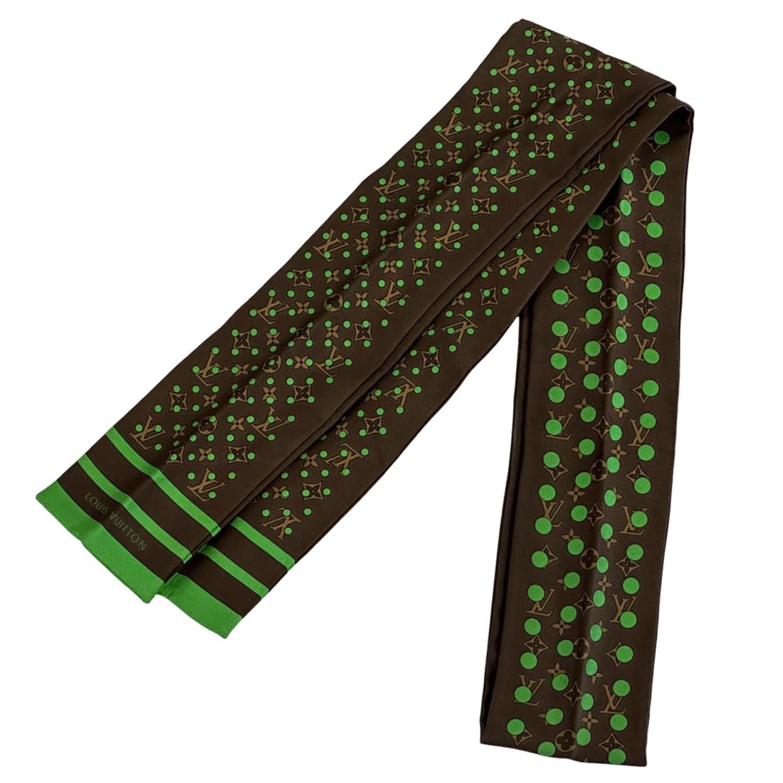 Louis Vuitton LOUIS VUITTON scarf muffler for women, brand name, silk, bandeau, monogram, polka dot,: --- Catalog ---Category: SizeSize (LxW): 1.2m x 7cm / 47.24'' x 2.75''Category: DesignType: ScarfColor: Brown, GreenGender: WomenMaterial: Silk Category: GeneralBrand: Louis VuittonCountry of Origin: 