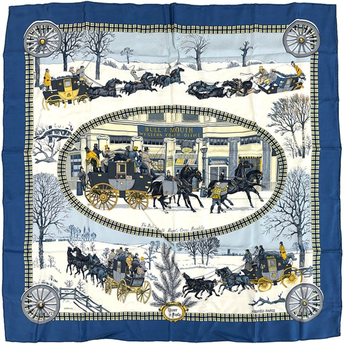 Hermes scarf/muffler, Carre 90, BULL&MOUTH WESTERN COACH OFFICE winter postal carriage design,: --- Catalog ---Category: SizeSize (LxW): 90cm x 90cm / 35.43'' x 35.43''Category: DesignType: ScarfColor: Blue, Multi-colorGender: WomenSeason: Fall/winterMaterial: Silk Category: GeneralBrand: Hermes