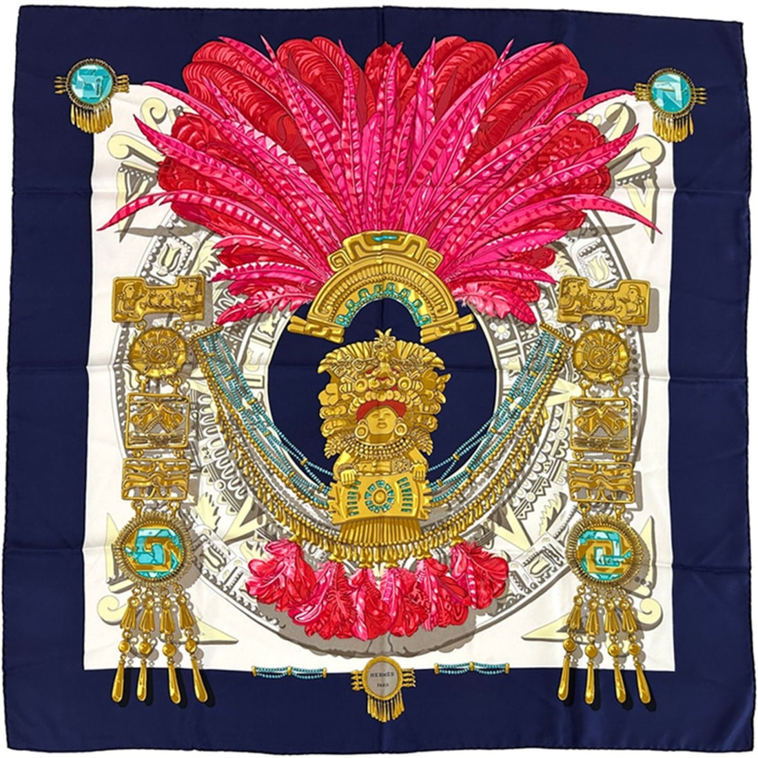 Hermes scarf/muffler, Carre 90, Mexico, women's, brand, silk, navy, multicolor, feather.: --- Catalog ---Category: SizeSize (LxW): 90cm x 90cm / 35.43'' x 35.43''Category: DesignType: ScarfColor: Multi-color, NavyGender: WomenMaterial: Silk Category: GeneralBrand: HermesCountry of Origin: 