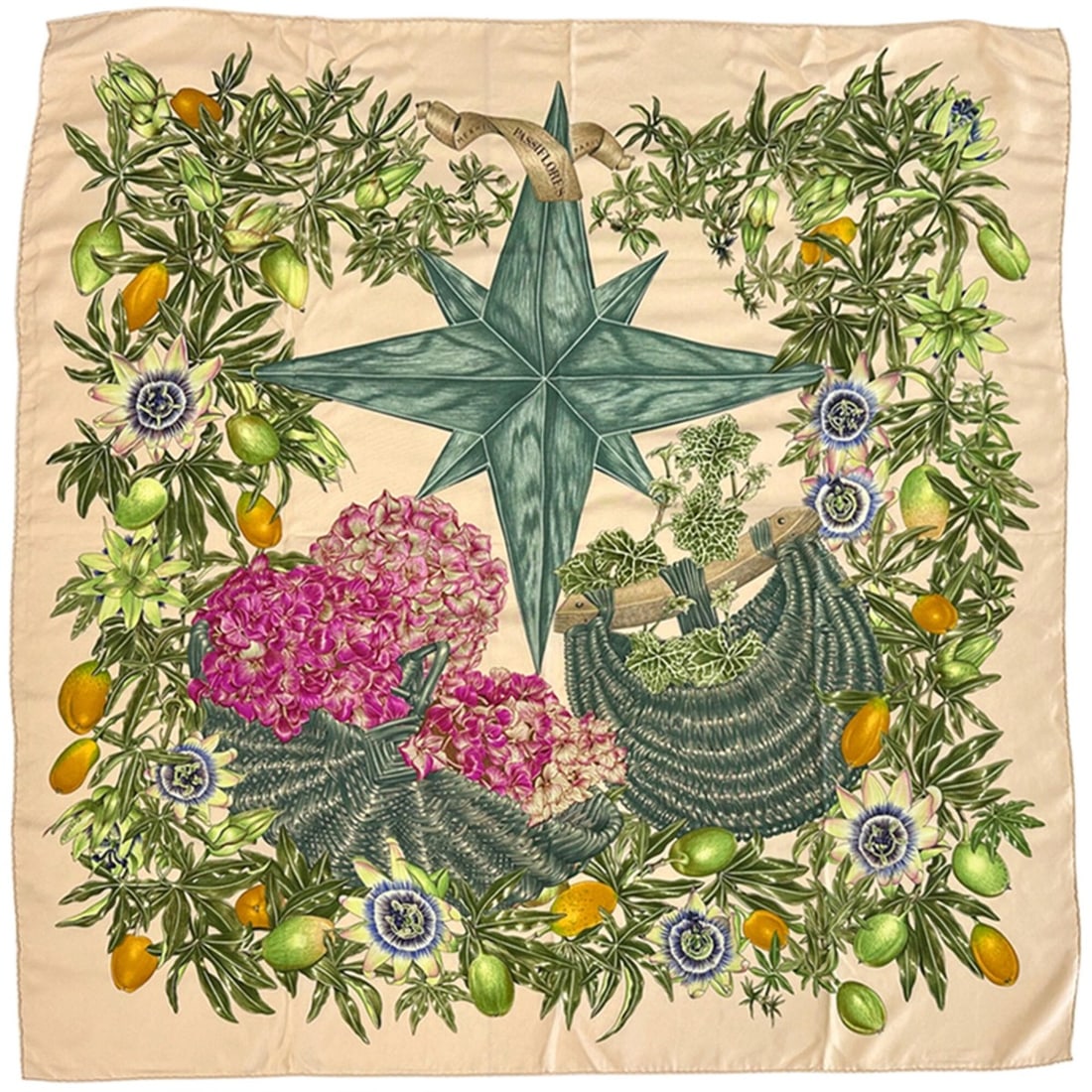 Hermes scarf/muffler, Carre 90, PASSIFLORES (Passion Flower), women's, brand, silk, beige,: --- Catalog ---Category: SizeSize (LxW): 90cm x 90cm / 35.43'' x 35.43''Category: DesignType: ScarfColor: Beige, Multi-colorGender: WomenMaterial: Silk Category: GeneralBrand: HermesCountry of Origin: